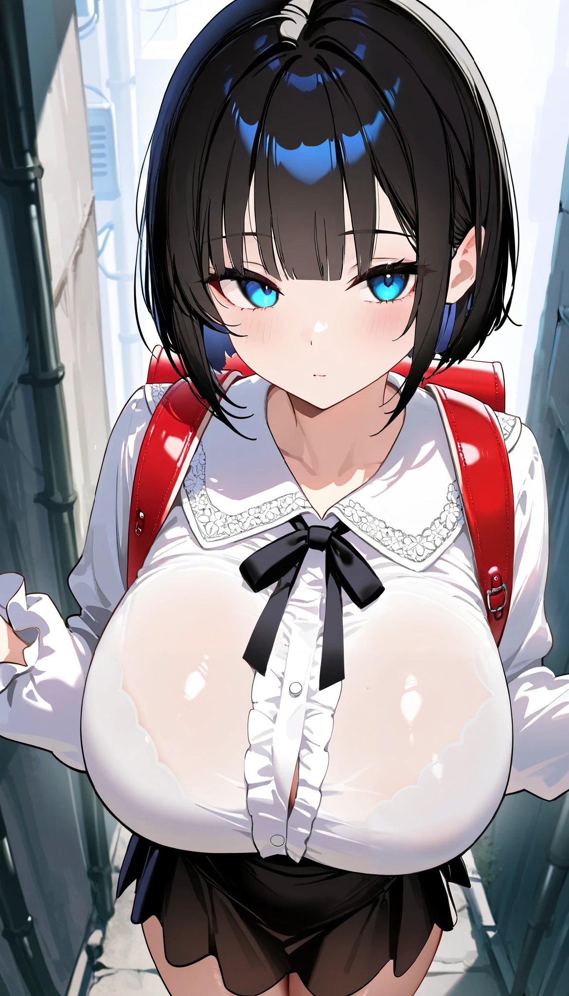 scornful、Shoot from below、Looking down、arms folded、Dark classroom、High school students、校服、Solo、(huge breast lens、smug face、A dark-haired、