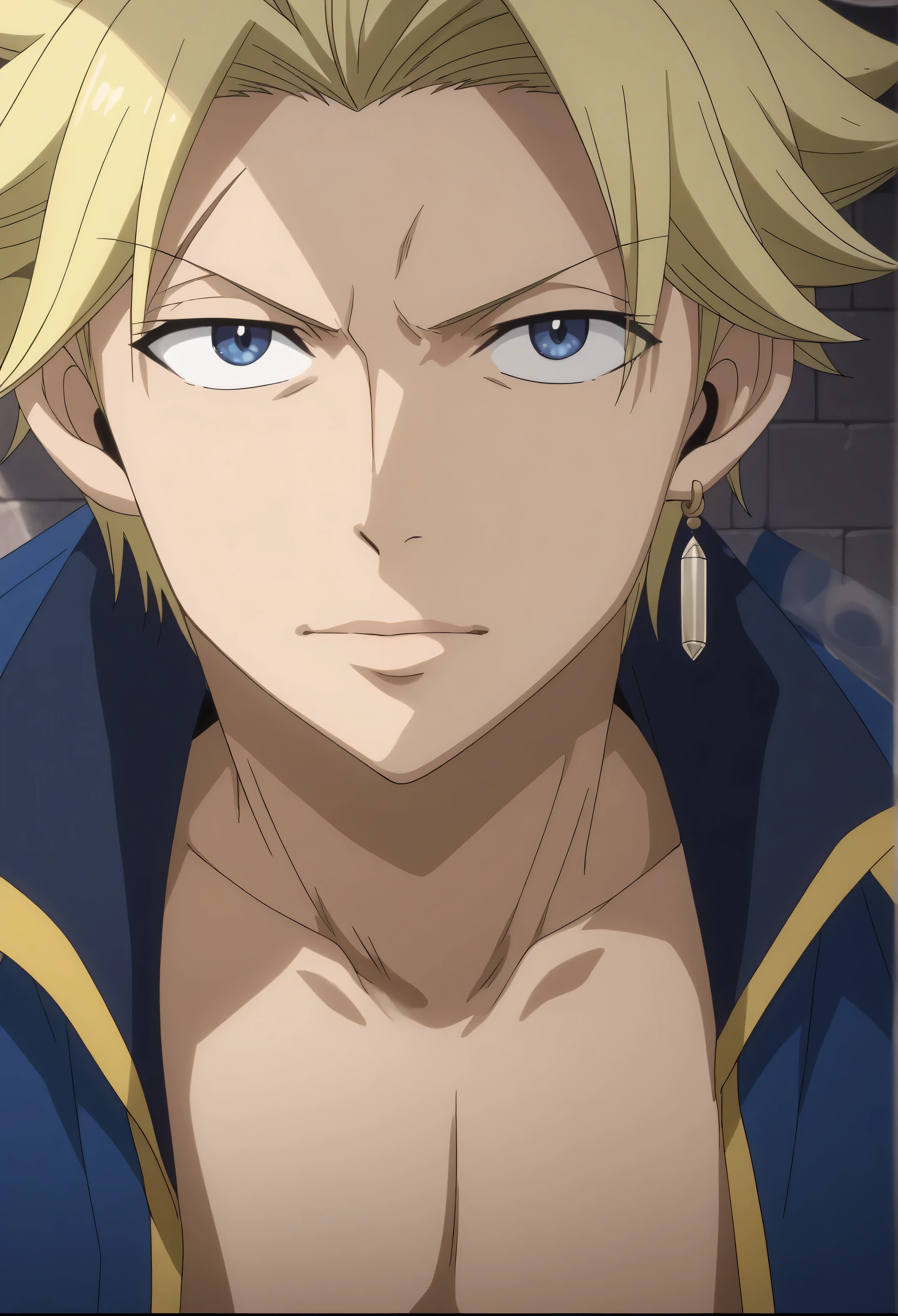 front view, Frontal portrait, close-up, looking at viewer, score_9, score_8_up, score_7_up, source_anime, StingFT, Sting blonde hair, light yellow Sting, 1boy, male focus, anime screencap, a blue men's jacket with gold or yellow details, which fits his athletic figure. Underneath, he wears a black long- or short-sleeved T-shirt. His pants are dark and tight fitting, and he completes the look with white fingerless gloves that add a modern touch. He also usually wears a belt with a decorative buckle.