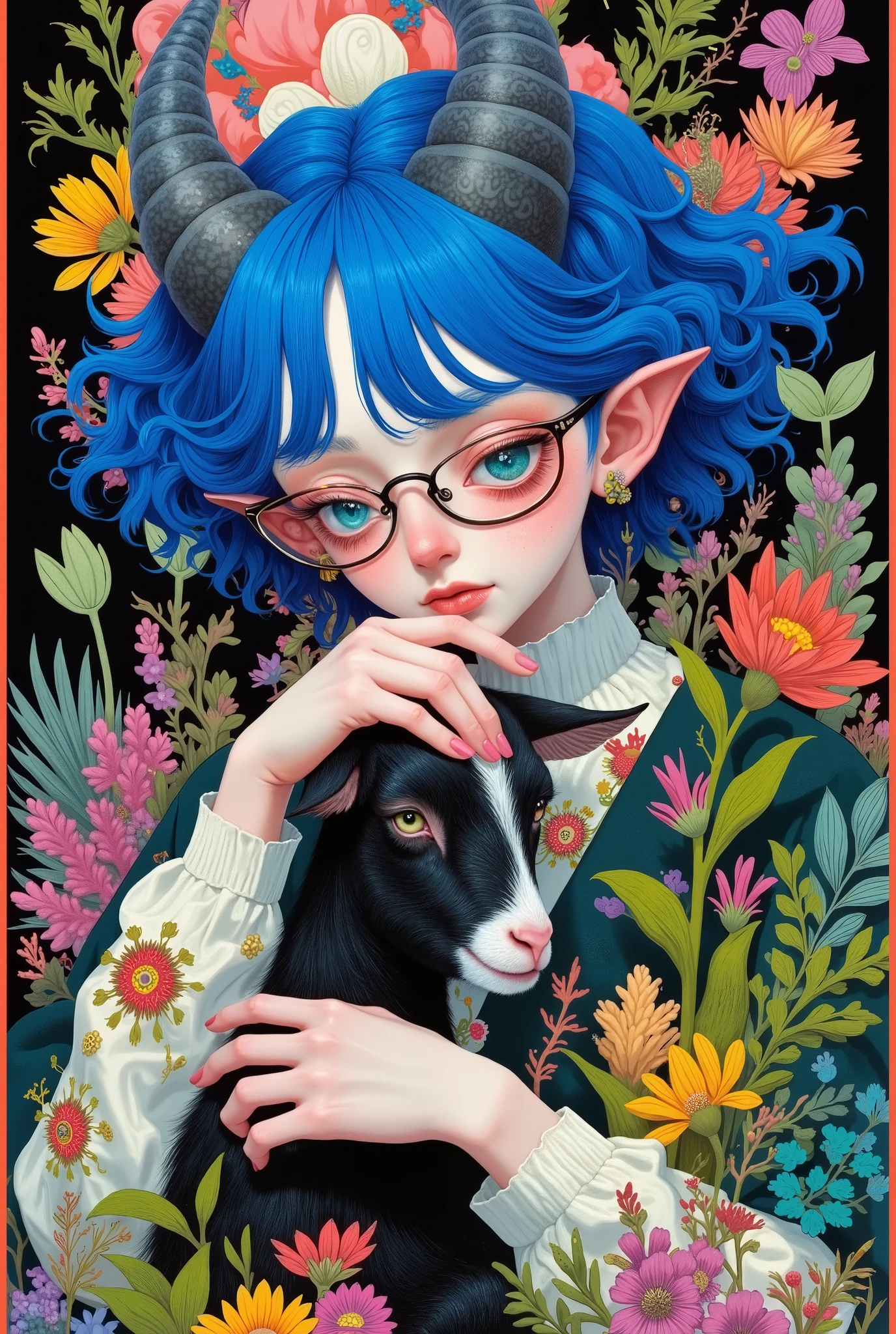 a painting of a woman with blue hair and glasses holding a goat, an ultrafine detailed painting by Wylie Beckert, Artstation, pop surrealism, jen bartel, beeple and jeremiah ketner, painting by android jones, jane newland, loish |, colorful illustration, girl design lush horns, james jean andrei riabovitchev