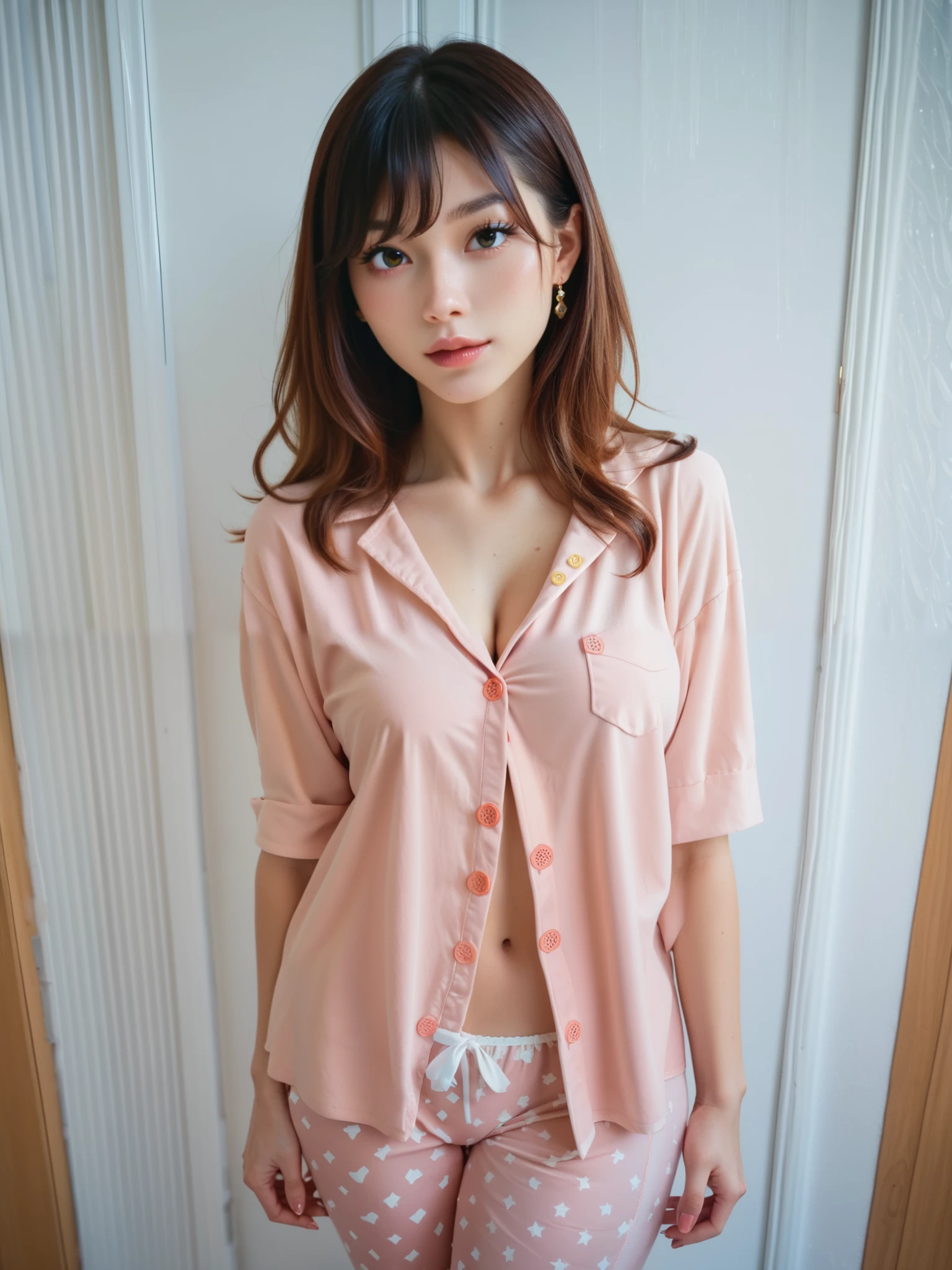 Kigurumi Costume Pajamas、Sexy Big 、A cute 15-year-old girl with a sexy and cute look, beautiful and sexy face、A strong wind blows my hair in front of my face、With straight blonde hair、beautiful, Cute and sexy eyes hidden behind long bangs、Costume pajamas