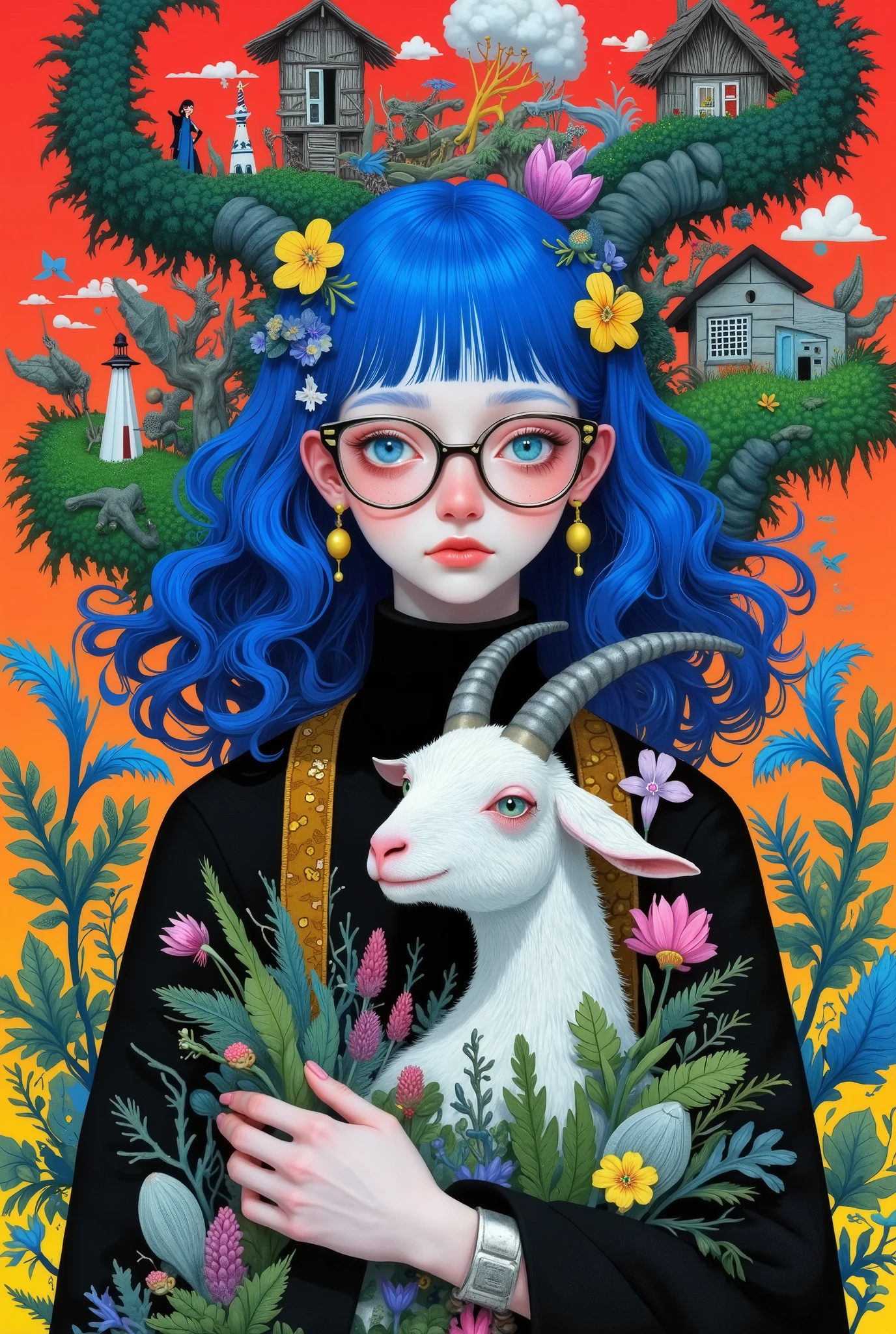 a painting of a woman with blue hair and glasses holding a goat, an ultrafine detailed painting by Wylie Beckert, Artstation, pop surrealism, jen bartel, beeple and jeremiah ketner, painting by android jones, jane newland, loish |, colorful illustration, girl design lush horns, james jean andrei riabovitchev