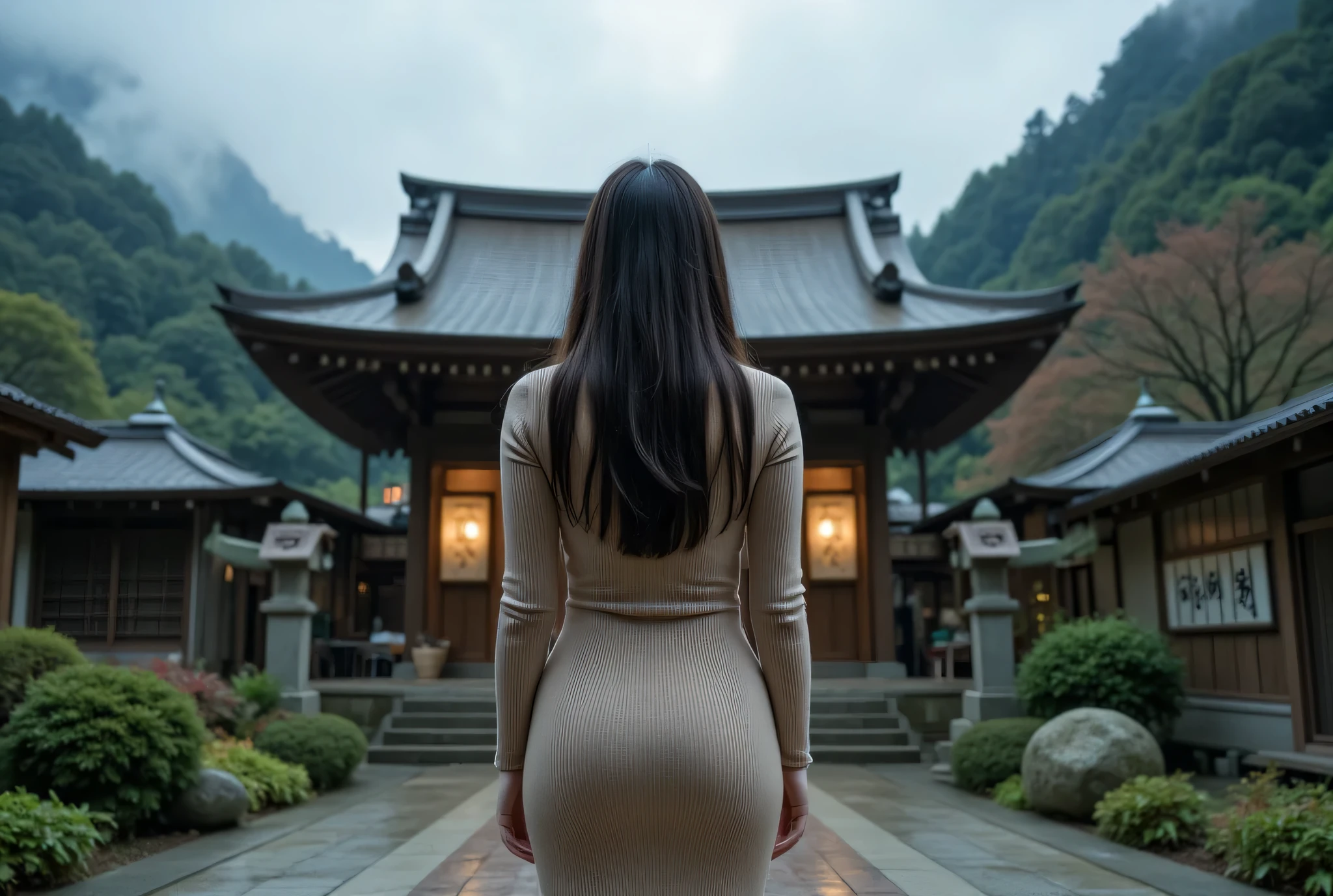 ・Japanese women in their 30s 、Beautiful face · long hair 、Big bust but slender, beige long-sleeved knit dress, standing alone in front of a dim shrine deep in the mountains · back view