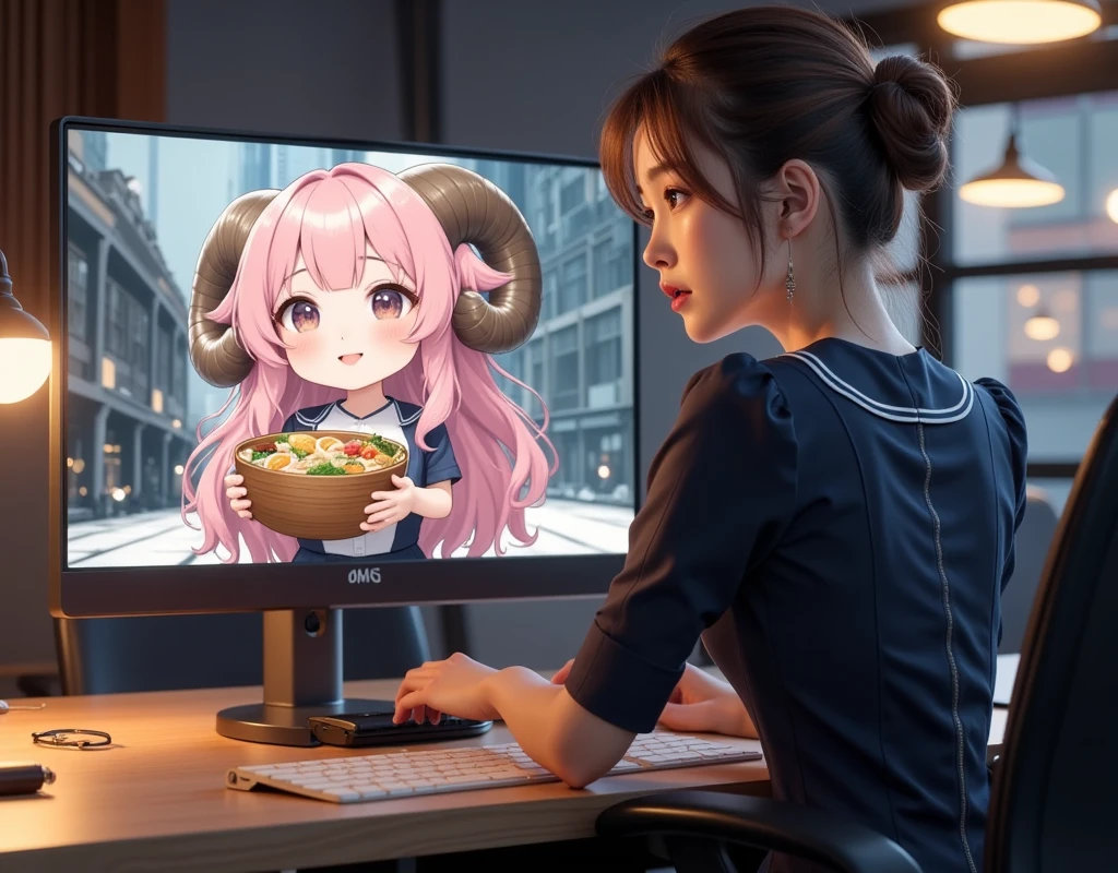 ultra-realistic, photorealistic, dramatic scene, shadow, global-illumination, 1 woman\(young Japanese beautiful woman, very beautiful fragile Japanese girl, very beautiful with very cute but boyish cool face, very large breasts, slim waist, wearing a office worker's elegant uniform, looking at viewers and showing peace sign\), the large computer display is displaying an 2D animated sheep girl\(cute chibi anime, chibi, 2D animated cute sheep girl, chibi-anime-girl, long pink fluffy hair, sheep girl, dark beige round horns, thick eyebrows, smile, pink dress, sky blue cardigan, sitting in the busy office room\), in the stylish office room, the woman is having a web conference with the 2D animated chibi-sheep-girl