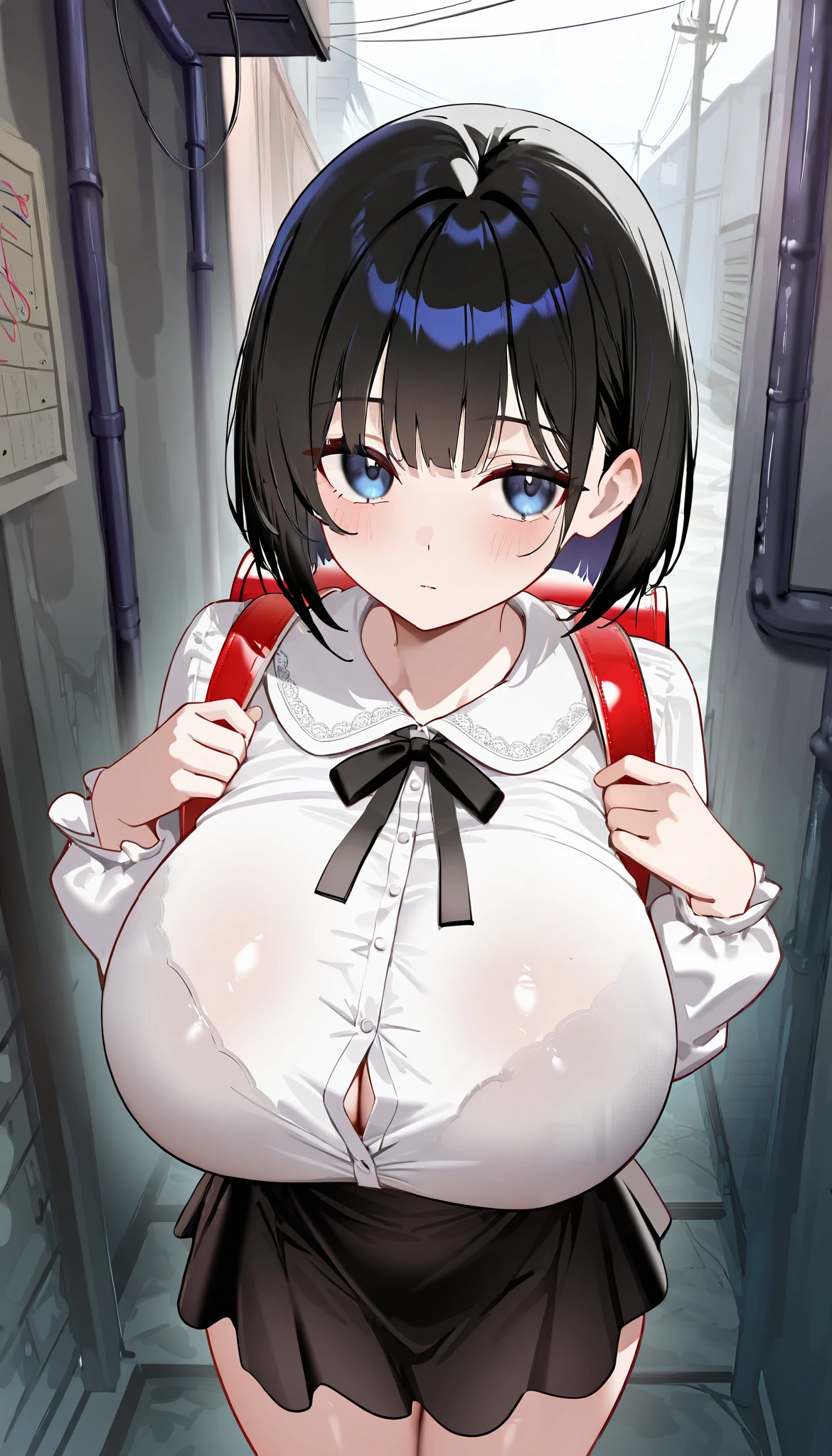 ((Table t○p, highest quality, Hi-Res Lucifer,Anime Screen Capture、Pixel perfect, 8k, Browsing Caution)))、(((Chubby、bukkake)))、Glasses、Perfect Anatomy、(((Shirt lift)))、(((Swollen nipples、Huge breasts、Wide Hips、Wide ass、Wet、Place your hands behind your head、Armpits、Skirt flip、Kneel)))、(Short Hair)、(((school uniform、White sleeveless shirt、Black mini skirt、Blue panties)))、Sweat, vapor,(Red eyes)、((Black Hair)), ((((surprised、blush、Embarrassing))))、(Dark back alley)、