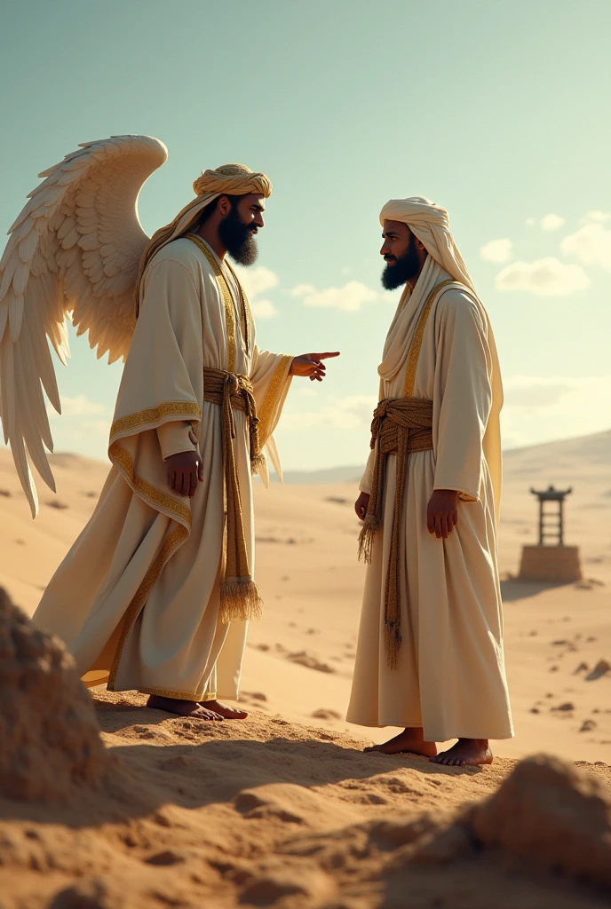 (Fine Art, Realistic Painting, Detailed, Ultra-Detailed), (Beautiful Illumination, Best Shadow, Dreamy), Character: Jesus Christ in the wilderness, desert (Middle Eastern, Bearded, Wearing a White Robe), Background: Beautiful Angel (Blonde Hair, White Wings), Flowers (Soft Pink):1.1, Ray of Light (Warm):1.2