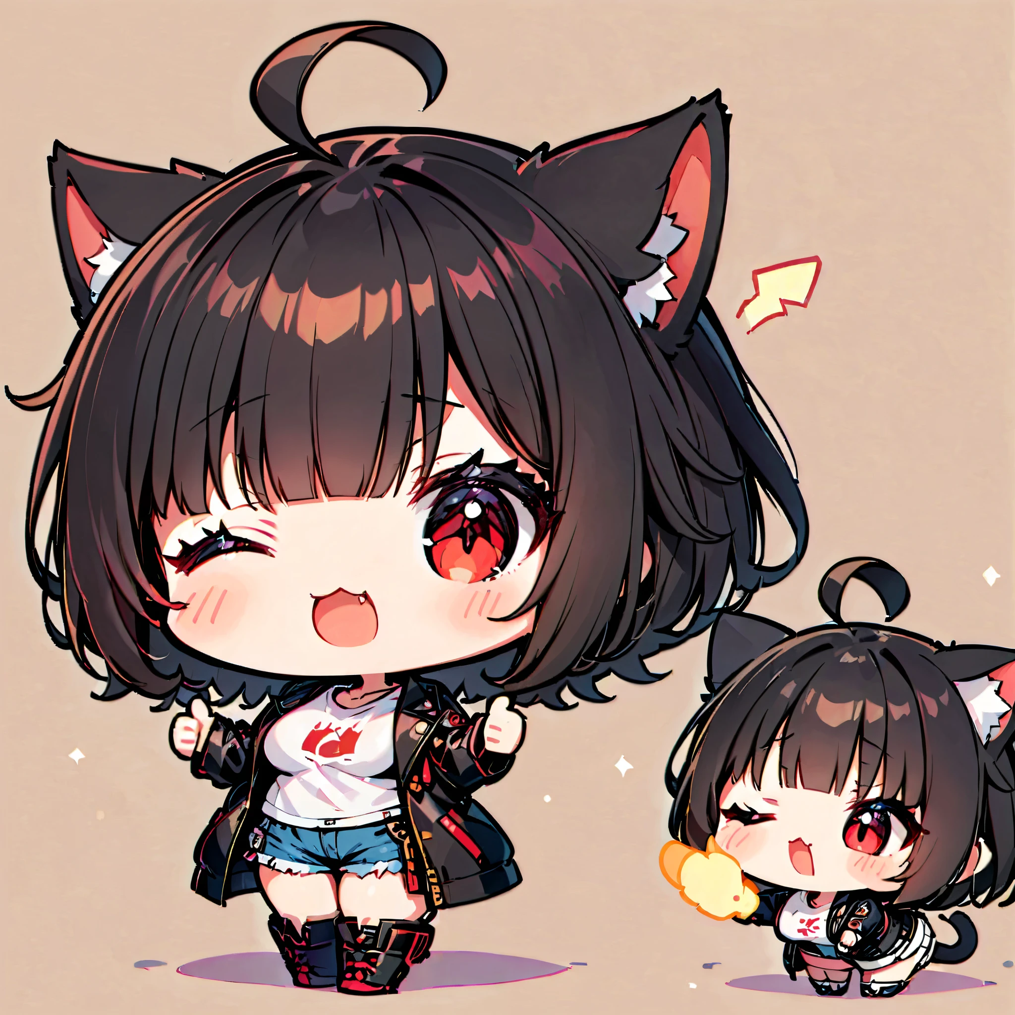 A dynamic , Illustration of vocaloid chibi, full body, head on, junkotvv, big breasts, ((1 cat girl, cat ears)) ((One multicolorido black hair, (Ahoge), straight bangs,)), Long hair, ((beautiful red eyes)) sharp eye, Beautiful skin, extremely sexy body, pretty face , with one eye closed (flicker:1.2), white cropped t-shirt, denim shorts, open leather jacket , reaching forward ( thumbs up:1.2), dark and simple background