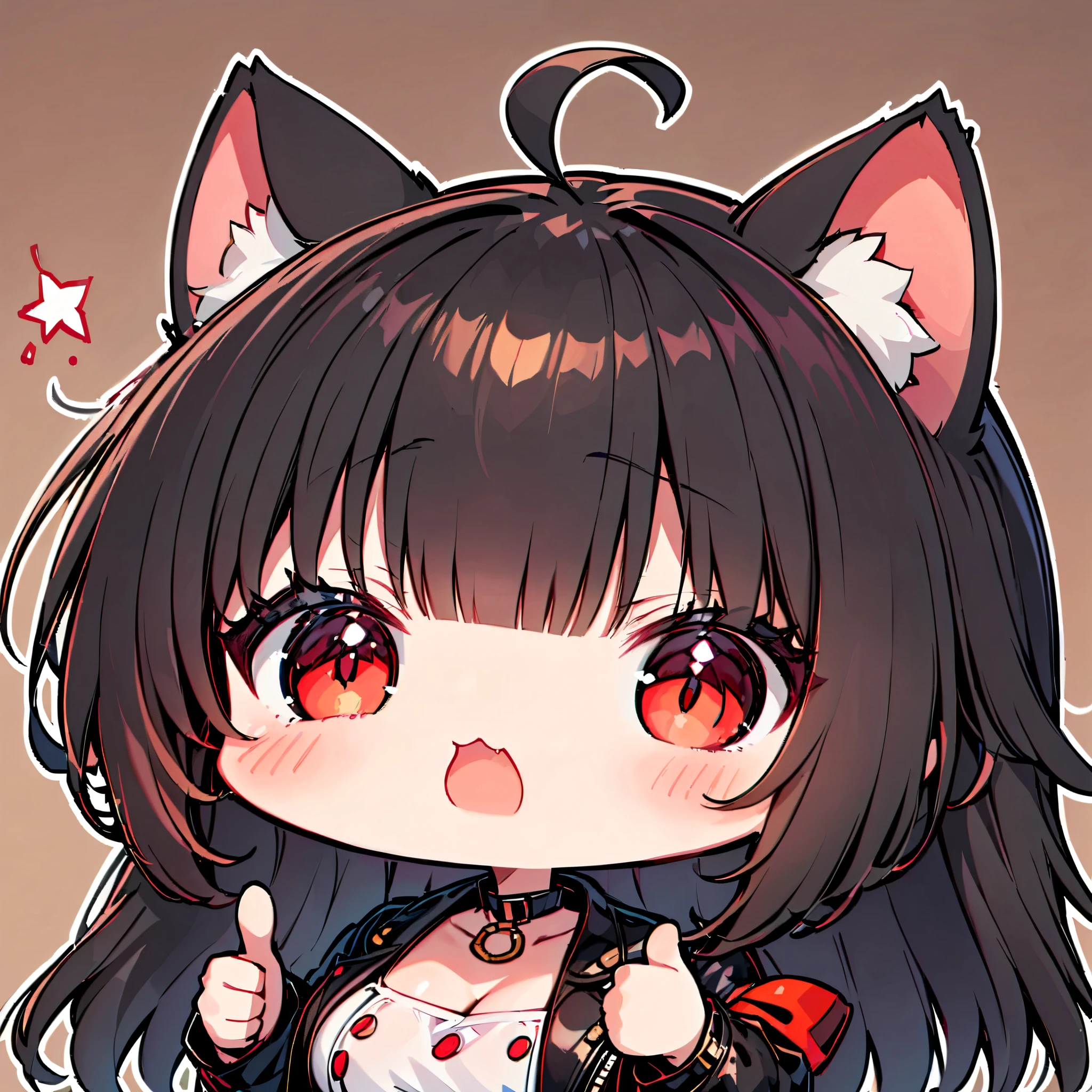 ((only one girl)), A dynamic , Illustration of vocaloid chibi, full body, head on, solo, junkotvv, big breasts, ((cat girl, cat ears)) ((One multicolorido black hair, (Ahoge), straight bangs,)), Long hair, ((beautiful red eyes)) sharp eye, Beautiful skin, extremely sexy body, pretty face , with one eye closed (flicker:1.2), white cropped t-shirt, denim shorts, open leather jacket , reaching forward ( thumbs up:1.2), dark and simple background