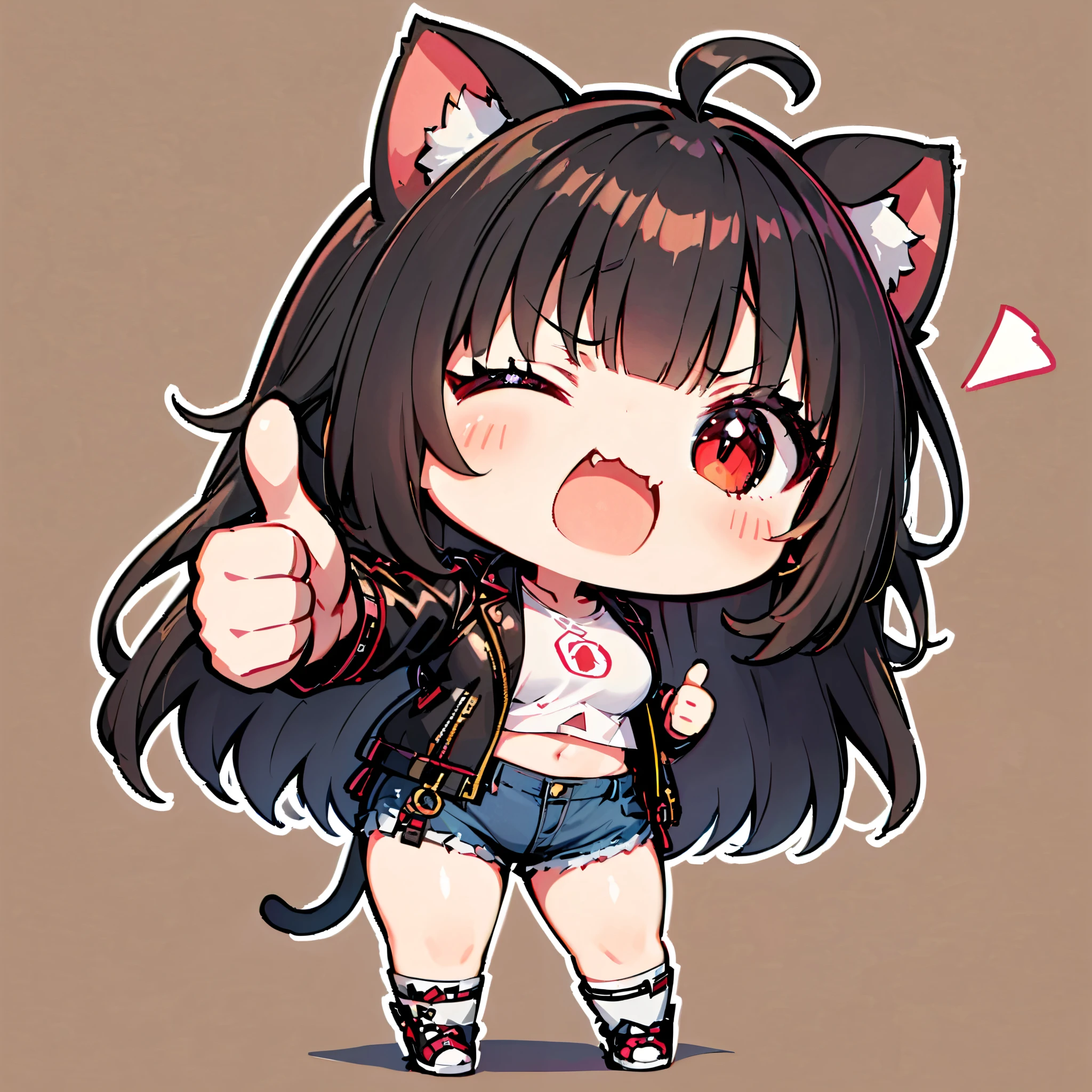 ((only one girl)), A dynamic , Illustration of vocaloid chibi, full body, head on, solo, junkotvv, big breasts, ((cat girl, cat ears)) ((One multicolorido black hair, (Ahoge), straight bangs,)), Long hair, ((beautiful red eyes)) sharp eye, Beautiful skin, extremely sexy body, pretty face , with one eye closed (flicker:1.2), white cropped t-shirt, denim shorts, open leather jacket , reaching forward ( thumbs up:1.2), dark and simple background