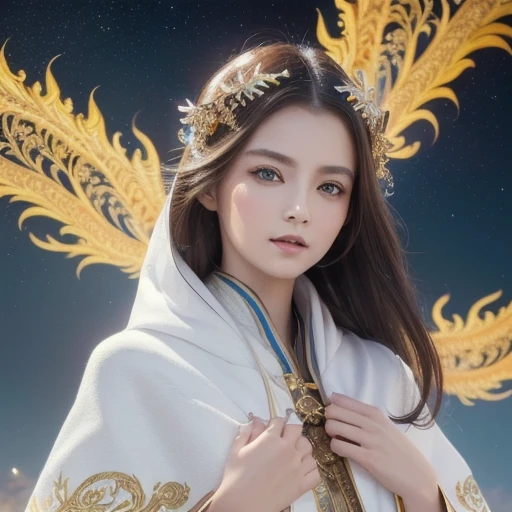 (masterpiece, top quality, best quality, official art, beautiful and aesthetic:1.2), (1girl), extreme detailed eyes, (fractal art:1.3), colorful, highest detailed, (perfect face), shiny skin, HDR, (white cloak golden lines:1.2), galaxy, (light streaks), striking visuals, (dynamic streaks, luminous trails:1.2), vibrant colors, (phoenix), (dragon)