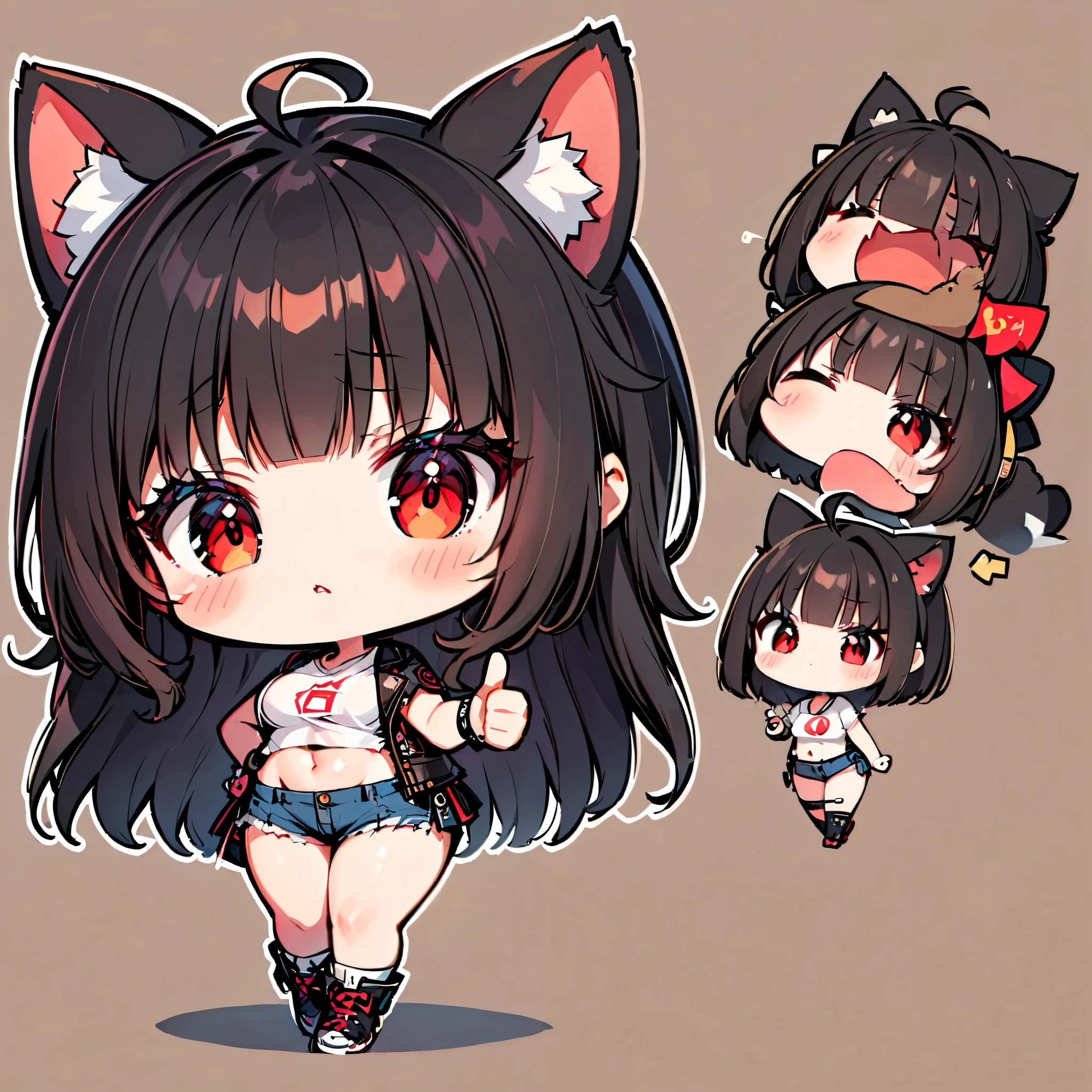 ((only one girl)), A dynamic , Illustration of vocaloid chibi, full body, head on, solo, junkotvv, big breasts, ((cat girl, cat ears)) ((One multicolorido black hair, (Ahoge), straight bangs,)), Long hair, ((beautiful red eyes)) sharp eye, Beautiful skin, extremely sexy body, pretty face , with one eye closed (flicker:1.2), white cropped t-shirt, denim shorts, open leather jacket , reaching forward ( thumbs up:1.2), dark and simple background