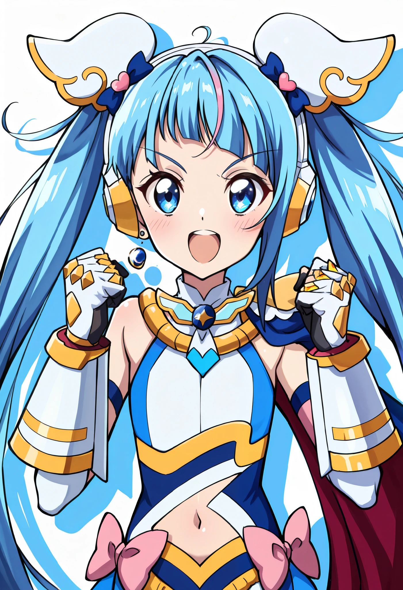 absurd, (absurd_resolution), masterpiece, best quality, (best illustration), (best shadow), ultra-High resolution, score_9, score_8_up, score_7_up, BREAK source_anime, 1girl, solo, perfect body, shiny skin, shiny skin, perfect eyes, detail1eye, well-defined fingers, well-defined fingernails, anime style, upper body, (portrait:1.5), looking at viewer, facing viewer, smile, blush, curesky, flat chest, hair ornament, earrings, brooch, cape, heart, pink bow, blue eyes, symbol in eye, multicolored hair, ((blue hair)), twintails, very long hair, pink hair, open mouth, cowboy shot, (scarf, headgear, navel, headphones, bodysuit, gauntlets), fighting stance, clenched hands,