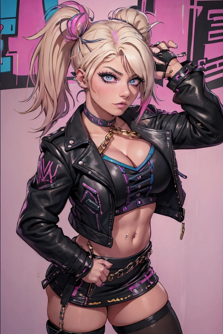 (masterpiece, highest quality, illustration), cowboy shot, smile, sultry, woman, solo, (blonde hair, multicolored hair), ponytail, blue eyes, small breasts, jewelry, fingerless gloves, earrings, open leather jacket, crop top, black shorts, belt, midriff, (cleavage:1.6), facing the viewer, standing, from above, colorful background, abstract