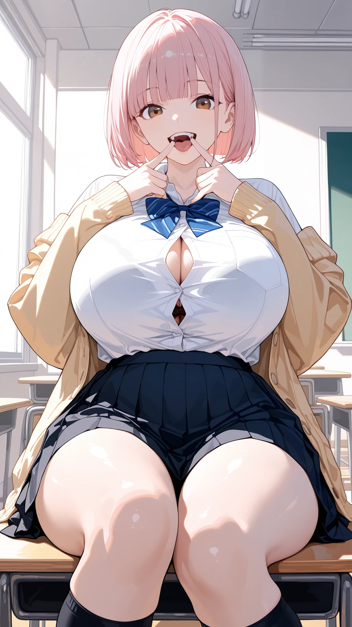 (nsfw),masterpiece,ultra detailed,sharp focus,4k digital art,high resolution,(v sign with both hands:1.5),(aroused and  blushed:1.7),tareme,(adult beautiful face,curvy adult body:1.3),(from below:1.4),(school cardigan:1.3),dress shirt,black socks,(navy and pleated skirt),bow tie,(blonde hair,side ponytail),(tanned skin:1.3),at train,(sweaty:1.2),grinning,(trembling,flying heart-shapes),(squatting and spreading legs),(sexy and laced undies:1.3),loafers,crowd in background,gigantic breasts,drooling,heart pupils