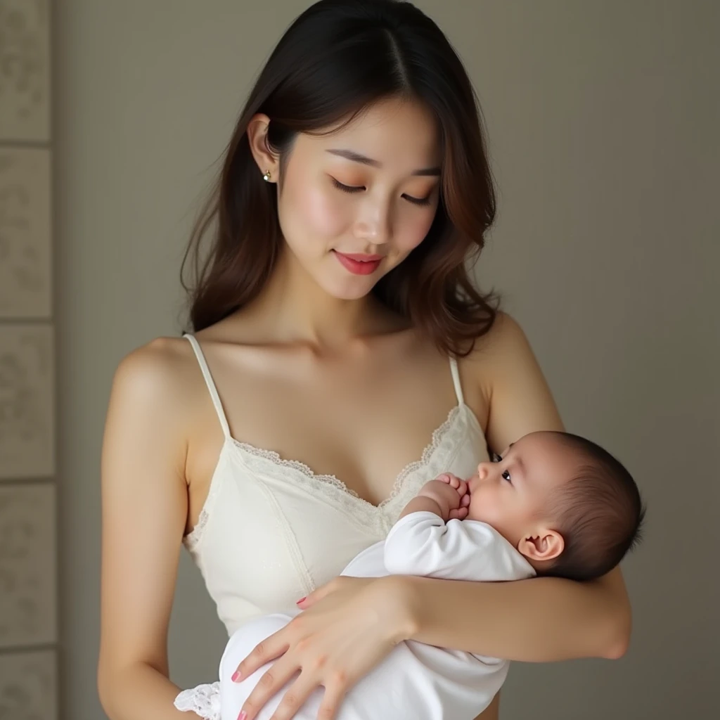 Create a realistic scene where a beautiful mother is breastfeeding her baby. The mother has a gentle expression and lovingly cradles the baby.