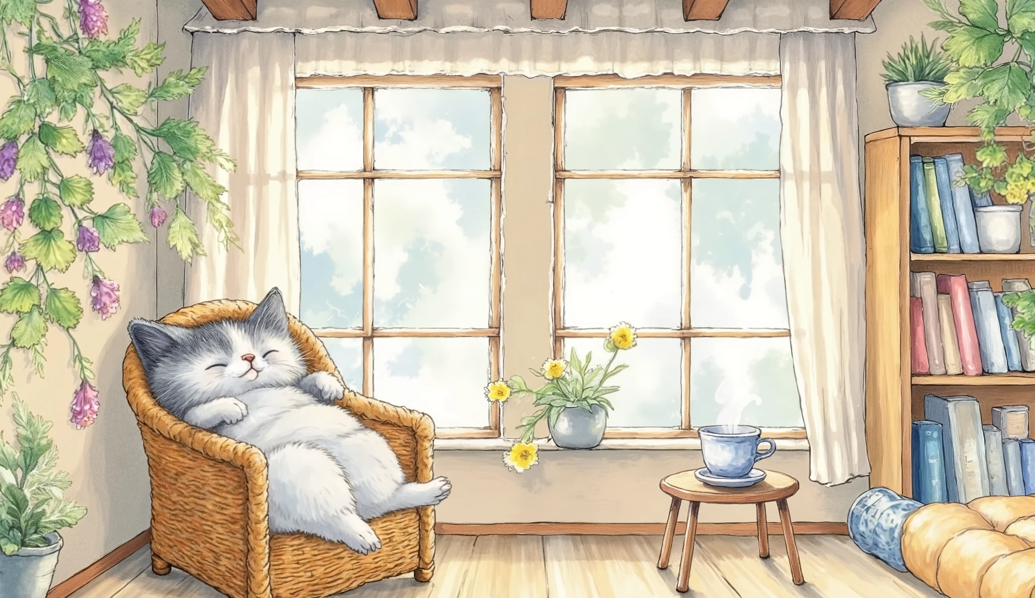 ( mascot character:2.0),( beautiful background:2.0),( minimalist:2.0),(Artistic Rendering),( Simple Design:2.0),(Japan),Cozy Cat Sanctuary Description: Picture a serene indoor setting where a fluffy cat lounges in a charming wicker chair, basking in the warm sunlight. The atmosphere is filled with greenery, thanks to potted plants hanging down and lush flowers spilling over nearby. A small wooden side table, adorned with a steaming cup, complements the cozy corner. Behind, an inviting bookshelf is crammed with various books, while light filters through large windows, creating a tranquil backdrop. This space invites relaxation and offers a perfect retreat for a lazy afternoon. Cozy ,sleep