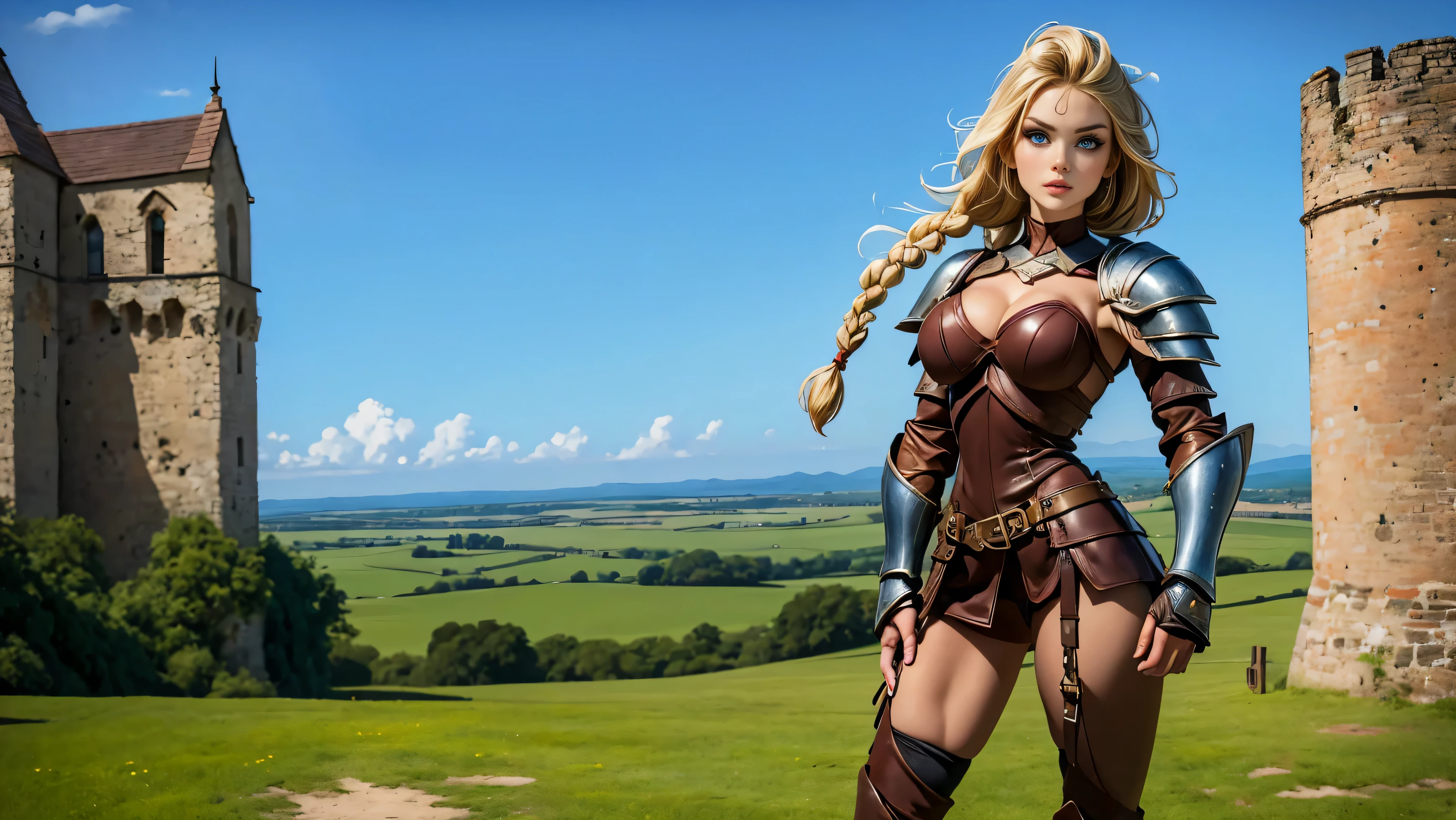 Masterpiece, Hi-detailed, best quality, 8K, (realistic:1.2), ((1 girl)), ((solo)), (( Warrior girl)), ((war paint across her face)), (standing tall), ((cute, young, 15yr)), (tall and lanky), (Skinny), (thin frame), (fit, body), (muscular but feminine body), (small braids in her hair), (small breasts, round breasts), ((leather armor)), ((extremely revealing)), cleavage, beautiful, perfect face, perfect body, large eyes, blue eyes, standing looking at a beautiful vista, Middle Ages, Fantasy,