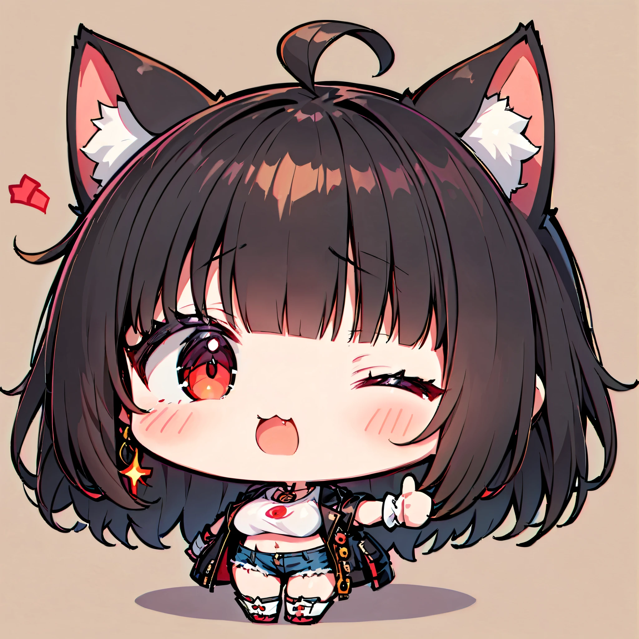 ((only one girl)), A dynamic ,  Illustration of vocaloid chibi,  ((full body)), head on, solo,  junkotvv, big breasts, ((cat girl, cat ears)) ((One multicolorido black hair, (Ahoge), straight bangs,)), Long hair, ((beautiful red eyes)) sharp eye, Beautiful skin, extremely sexy body, pretty face ,  with one eye closed (flicker:1.2), white cropped t-shirt,  denim shorts,  open leather jacket ,  reaching forward  ( thumbs up:1.2),  dark and simple background 