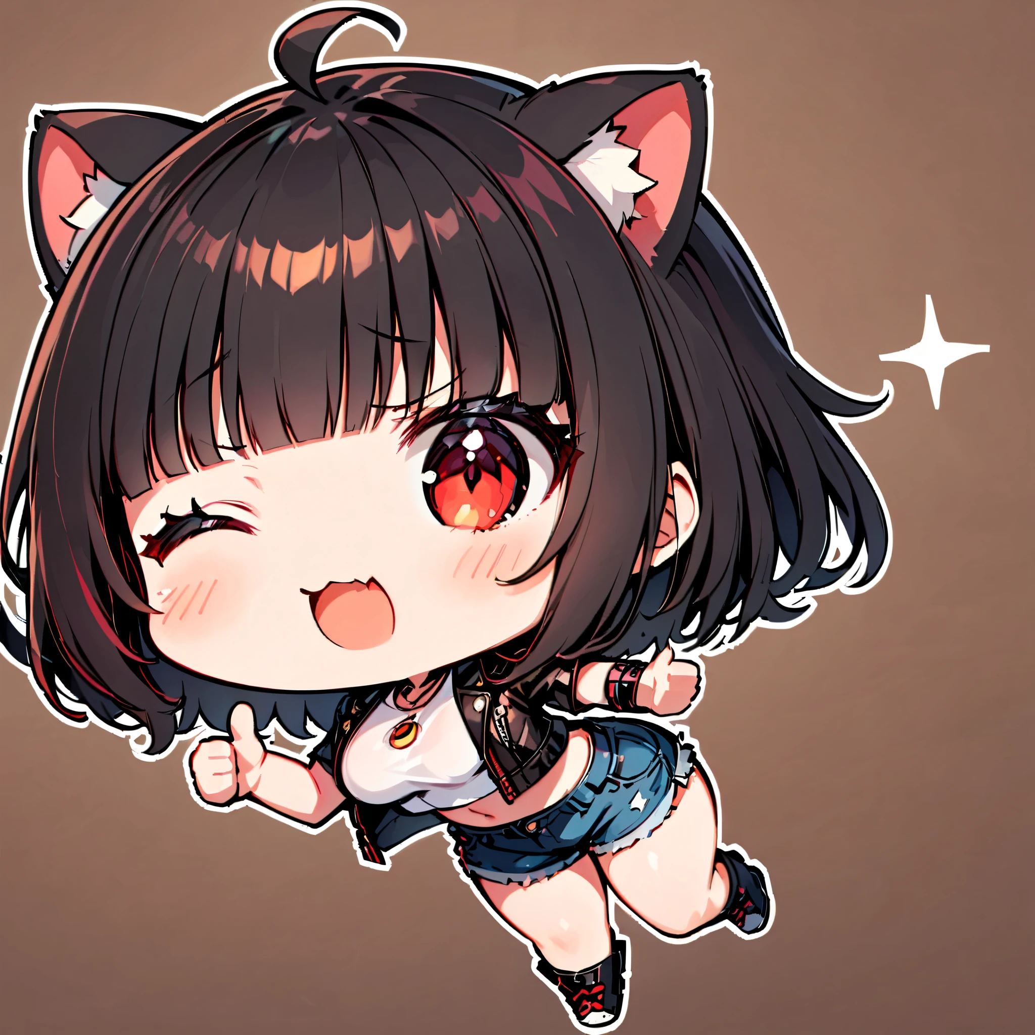 ((only one girl)), A dynamic ,  Illustration of vocaloid chibi,  ((full body)), head on, solo,  junkotvv, big breasts, ((cat girl, cat ears)) ((One multicolorido black hair, (Ahoge), straight bangs,)), Long hair, ((beautiful red eyes)) sharp eye, Beautiful skin, extremely sexy body, pretty face ,  with one eye closed (flicker:1.2), white cropped t-shirt,  denim shorts,  open leather jacket ,  reaching forward  ( thumbs up:1.2),  dark and simple background 