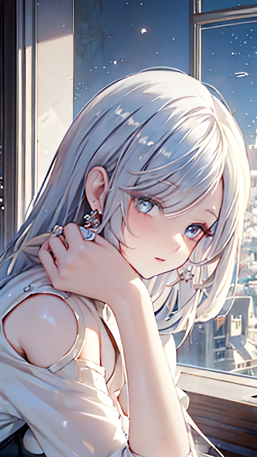 masterpiece, coffee, cafe owner,white hair girl,pale diamond eyes, starry eyes, pale eyes, myth, fantasy, magic, mana, in tower, beautyful , cafe background, masterpiece ,nice post, boss, queen personality