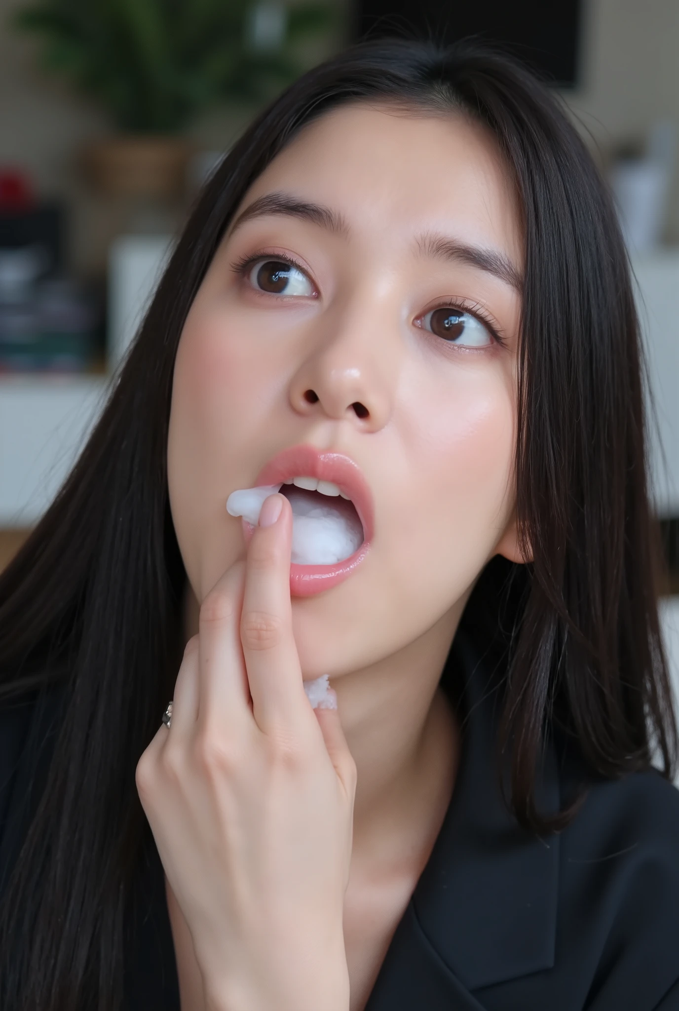 A high resolution photograph of a Japanese adult woman, photo realistic, masterpiece, amazing quality, intricate details, professional lighting, solo, 1girl, clothed, full body, straight long black hair, detailed face, detailed eyes, surprised face, (fingers brushing her lips), (white cum in mouth, open mouth:1.4), chin up, looking up at the camera, indoors,