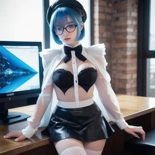 1girl, lillaevil, blue hair, blue eyes, short hair, black capelet, skirt, white pantyhose, blue demon wings, blue-tinted eyewear, mini hat,, indoors, hideout, many computer monitors, phantom thief hideout