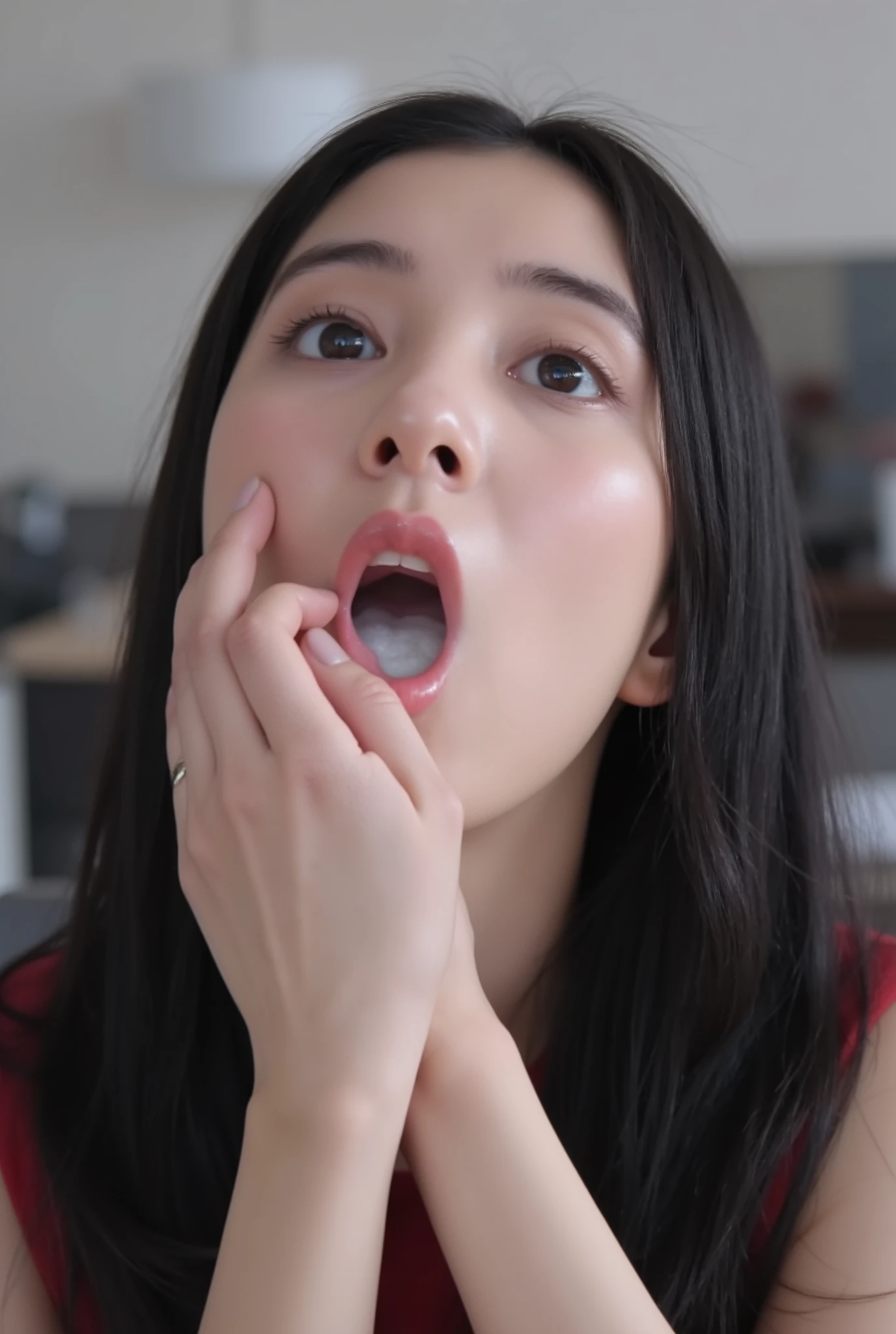 A high resolution photograph of a Japanese adult woman, photo realistic, masterpiece, amazing quality, intricate details, professional lighting, solo, 1girl, clothed, full body, straight long black hair, detailed face, detailed eyes, surprised face, (fingers brushing her lips), (white cum in mouth, open mouth:1.4), chin up, looking up at the camera, indoors, 