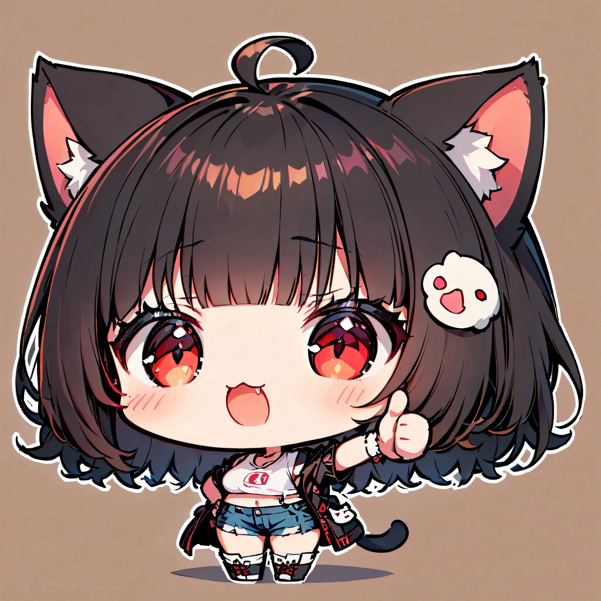 ((only one girl)), A dynamic , Illustration of vocaloid chibi, ((full body)), head on, solo, junkotvv, big breasts, ((cat girl, cat ears)) ((One multicolorido black hair, (Ahoge), straight bangs,)), Long hair, ((beautiful red eyes)) sharp eye, Beautiful skin, extremely sexy body, pretty face , white cropped t-shirt, denim shorts, open leather jacket , reaching forward ( thumbs up:1.2), dark and simple background , ((full body))