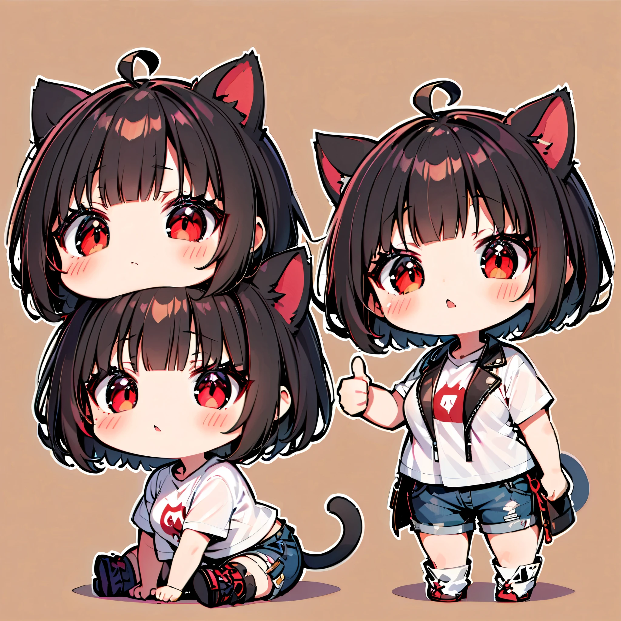 ((only one girl)), A dynamic , Illustration of vocaloid chibi, ((full body)), head on, solo, junkotvv, big breasts, ((cat girl, cat ears)) ((One multicolorido black hair, (Ahoge), straight bangs,)), Long hair, ((beautiful red eyes)) sharp eye, Beautiful skin, extremely sexy body, pretty face , white cropped t-shirt, denim shorts, open leather jacket , reaching forward ( thumbs up:1.2), dark and simple background , ((full body))