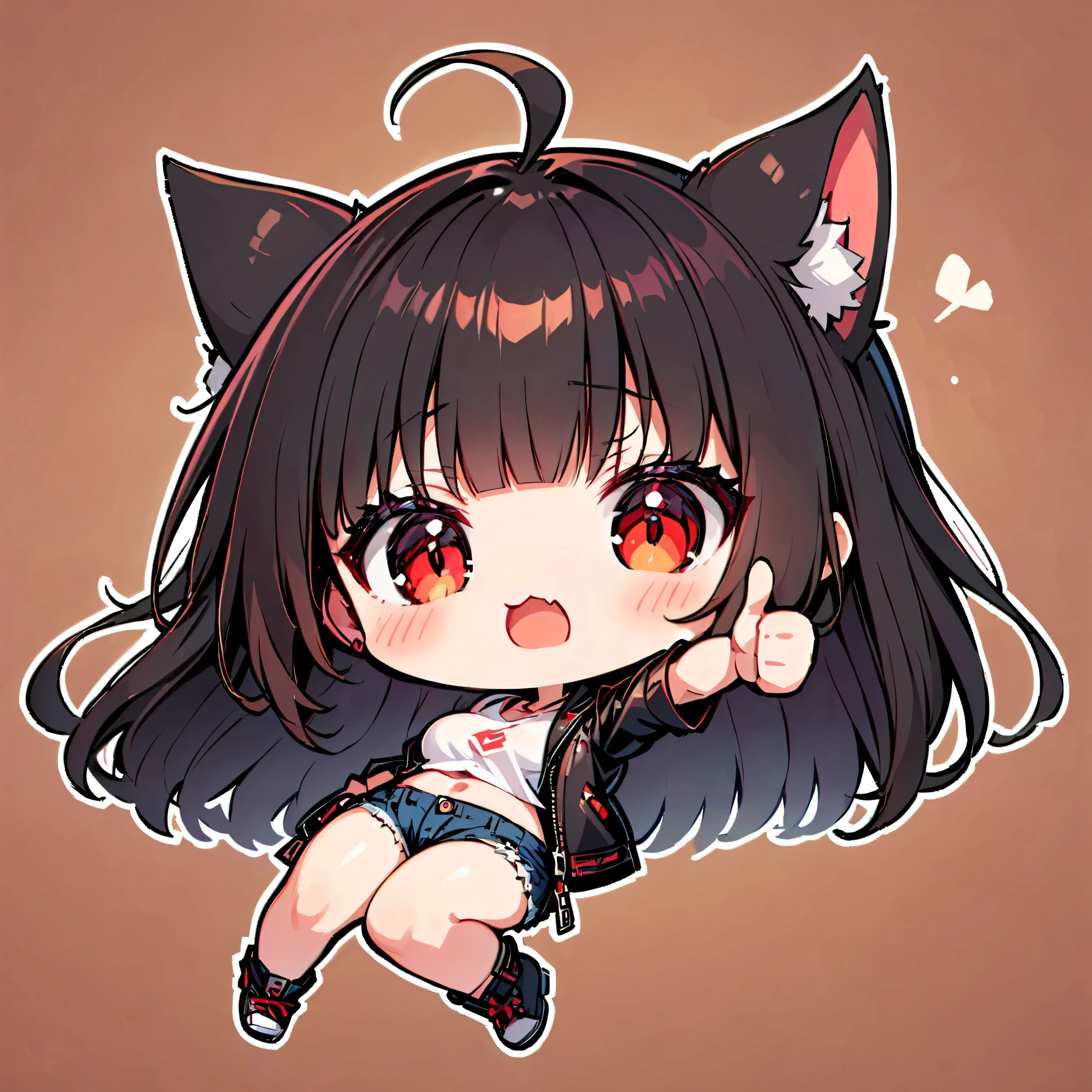 ((only one girl)), A dynamic , Illustration of vocaloid chibi, ((full body)), head on, solo, junkotvv, big breasts, ((cat girl, cat ears)) ((One multicolorido black hair, (Ahoge), straight bangs,)), Long hair, ((beautiful red eyes)) sharp eye, Beautiful skin, extremely sexy body, pretty face , white cropped t-shirt, denim shorts, open leather jacket , reaching forward ( thumbs up:1.2), dark and simple background , ((full body))