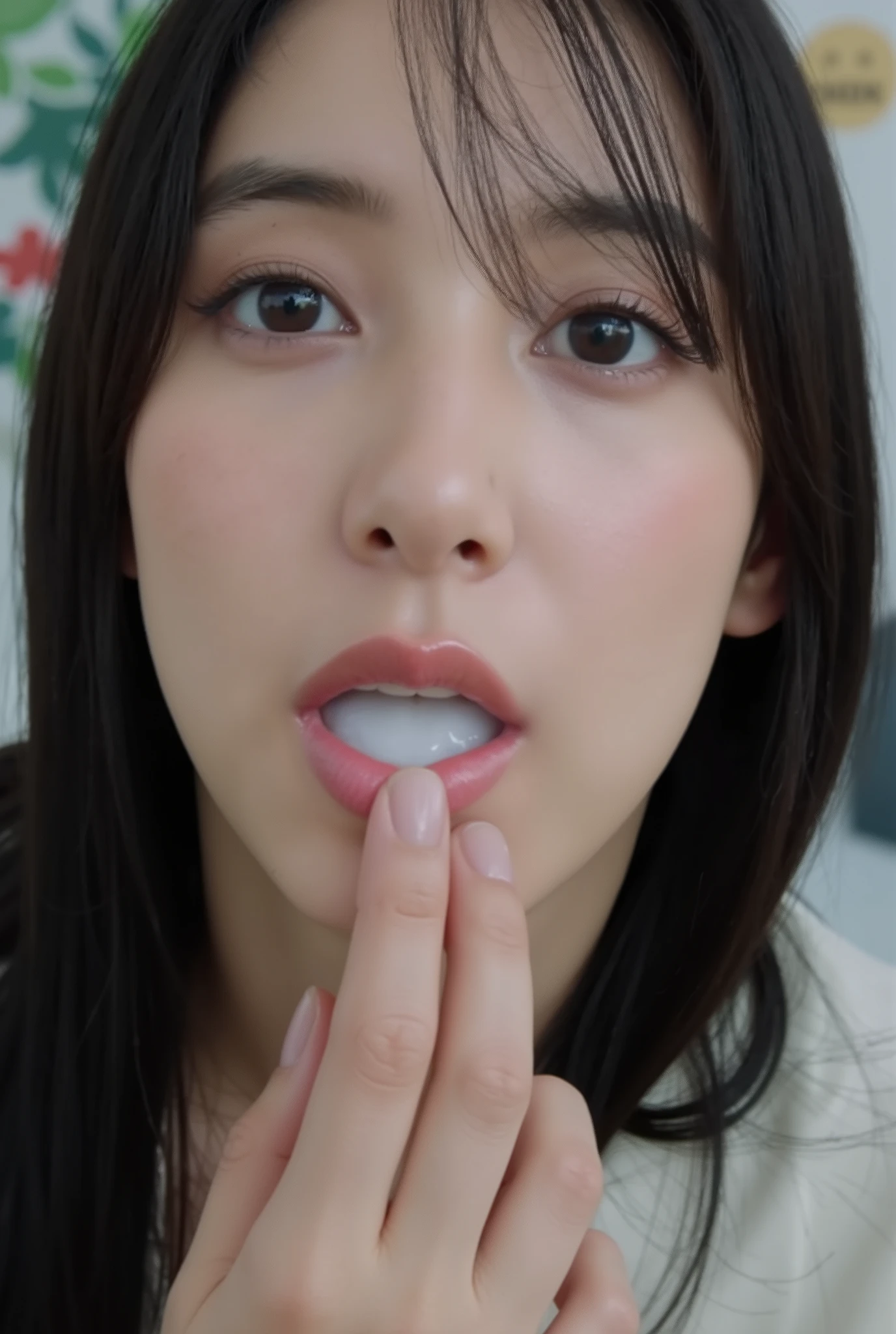 A high resolution photograph of a Japanese adult woman, photo realistic, masterpiece, amazing quality, intricate details, professional lighting, solo, 1girl, clothed, full body, straight long black hair, detailed face, detailed eyes, surprised face, (fingers brushing her lips), (white cum in mouth, open mouth:1.4), chin up, looking up at the camera, indoors,