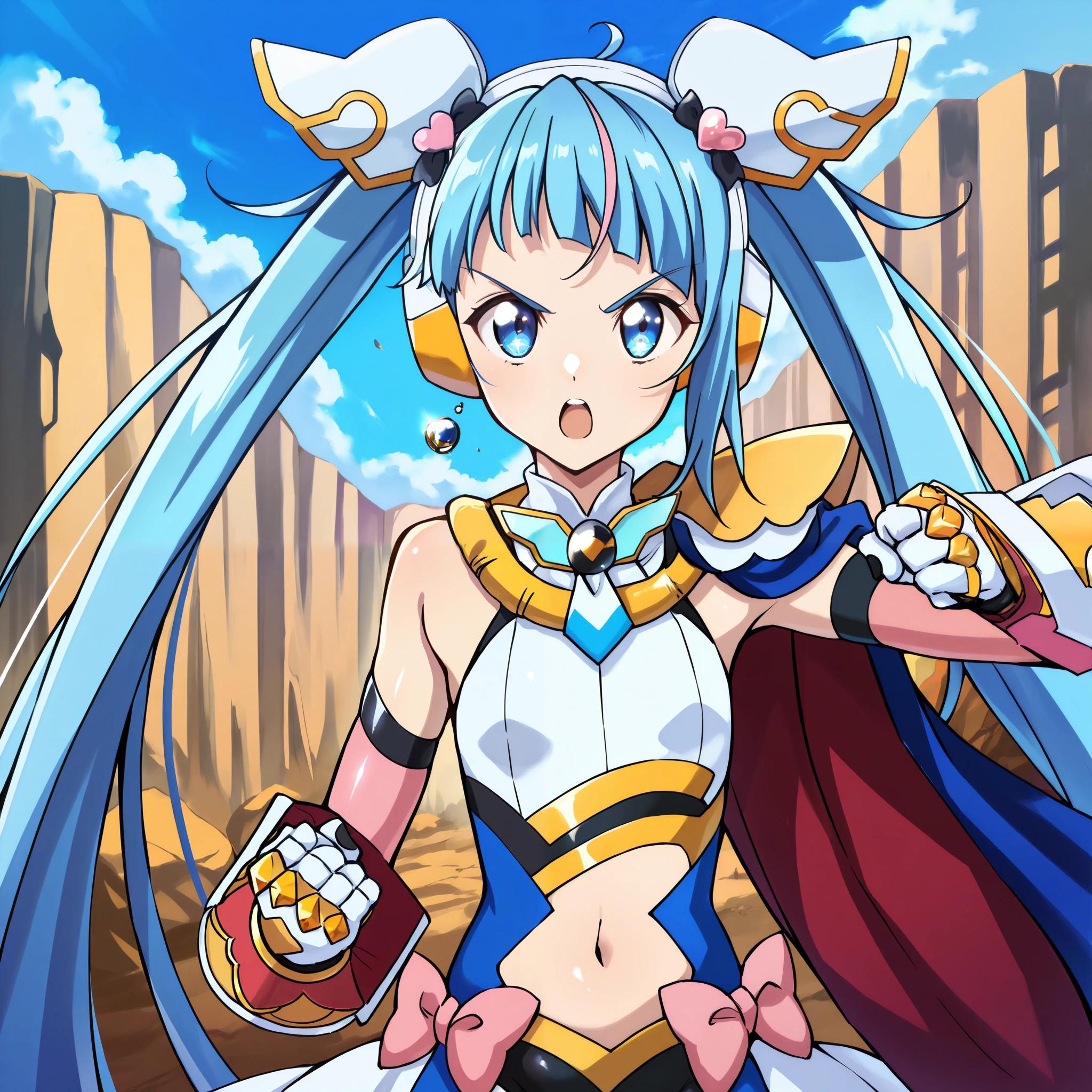 absurd, (absurd_resolution), masterpiece, best quality, (best illustration), (best shadow), ultra-High resolution, score_9, score_8_up, score_7_up, BREAK source_anime, 1girl, solo, perfect body, shiny skin, shiny skin, perfect eyes, detail1eye, well-defined fingers, well-defined fingernails, anime style, outdoor, (portrait:1.5), curesky, flat chest, hair ornament, earrings, brooch, cape, heart, pink bow, blue eyes, symbol in eye, multicolored hair, ((blue hair)), twintails, very long hair, pink hair, (scarf, headgear, navel, headphones, bodysuit, gauntlets), fighting stance, clenched hands, open mouth, serious face, cowboy shot, warfare, war, battle, homocide,