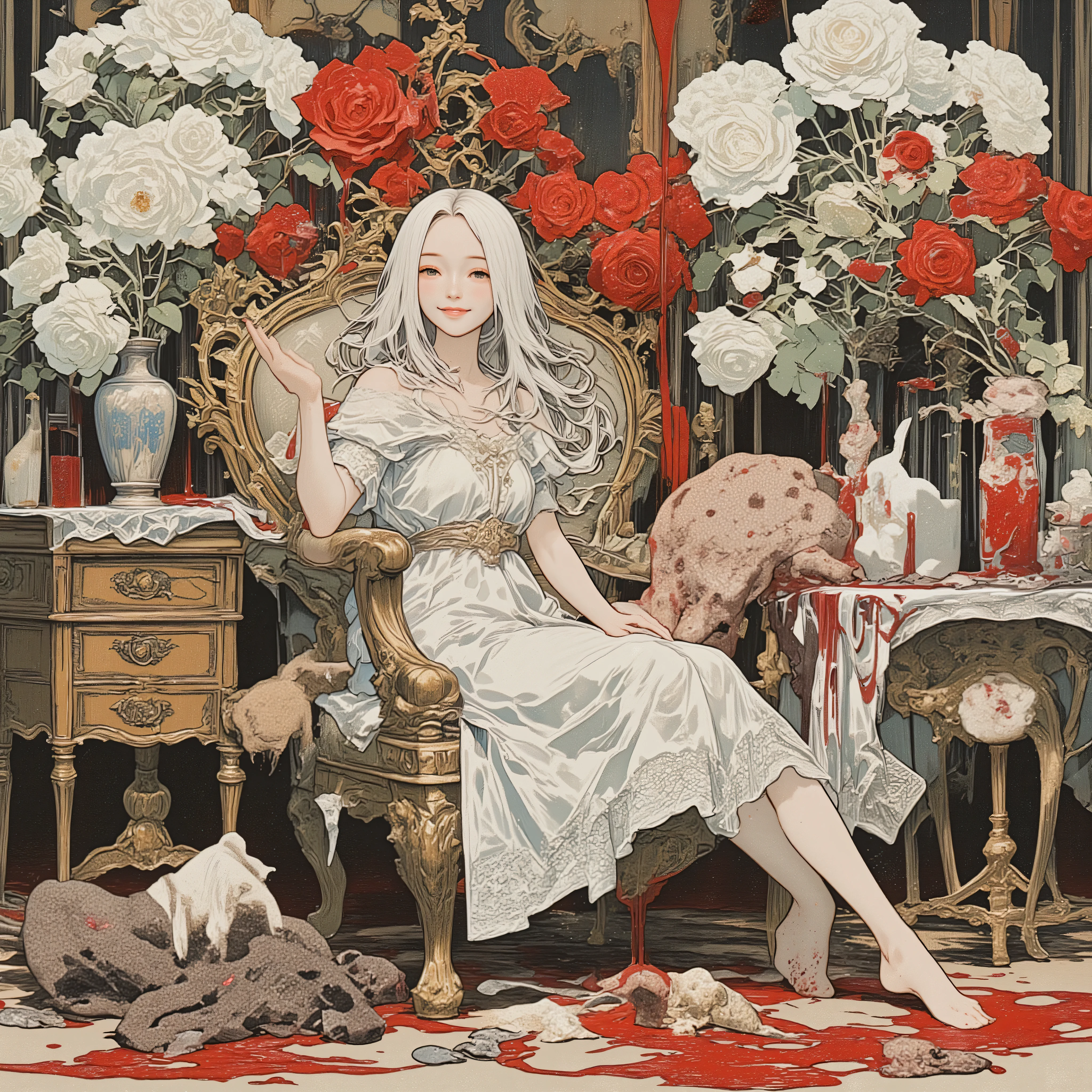This is aesthetic art. A beautiful woman in a white dress, like a doll, is sitting on a chair, and a vase on the table is creating a flower art with a motif of Red and white marbled roses,dripping blood. A woman\(with long white hair as beautiful as silk, wearing a white dress, and a goddess-like atmosphere, her expression is very happy, but at the same time, her expression is calm as she goes about her daily life\), a flower art of a collection of white roses with dark red liquid on them, each petal is absurdly beautiful, the flower art is placed in the center of the composition, and the woman reaches out to the flower art from the side. Dark red liquid is attached in large quantities to the rose flowers, petals, woman's hands, and the woman's dress, and the liquid flows to the ground, this is an abstract painting of the food chain, a food web. Dark red liquid is in a puddle on the table. A very quiet and peaceful living room background. This is Brutal Art. Creatures lying happily on the ground\(parts of a once-living dog, parts of a once-living cat, parts of a once-living snake, parts of a once-living angel, parts of a once-living devil, parts of a once-living human\), the living are happily enveloped in red, crimson liquid. The rose squeezes the lifeblood out of the once-living objects. A very happy and sacred ritual. This is aesthetic art. Women's daily life, aesthetic art, flow of energy and matter in an ecosystem, aesthetic art, very realistic Brutal Art, aesthetic art, sustaining the life of the entire planet, aesthetic art, symbol of a psychopath, aesthetic art, aesthetic art, aesthetic art, concept of life and death