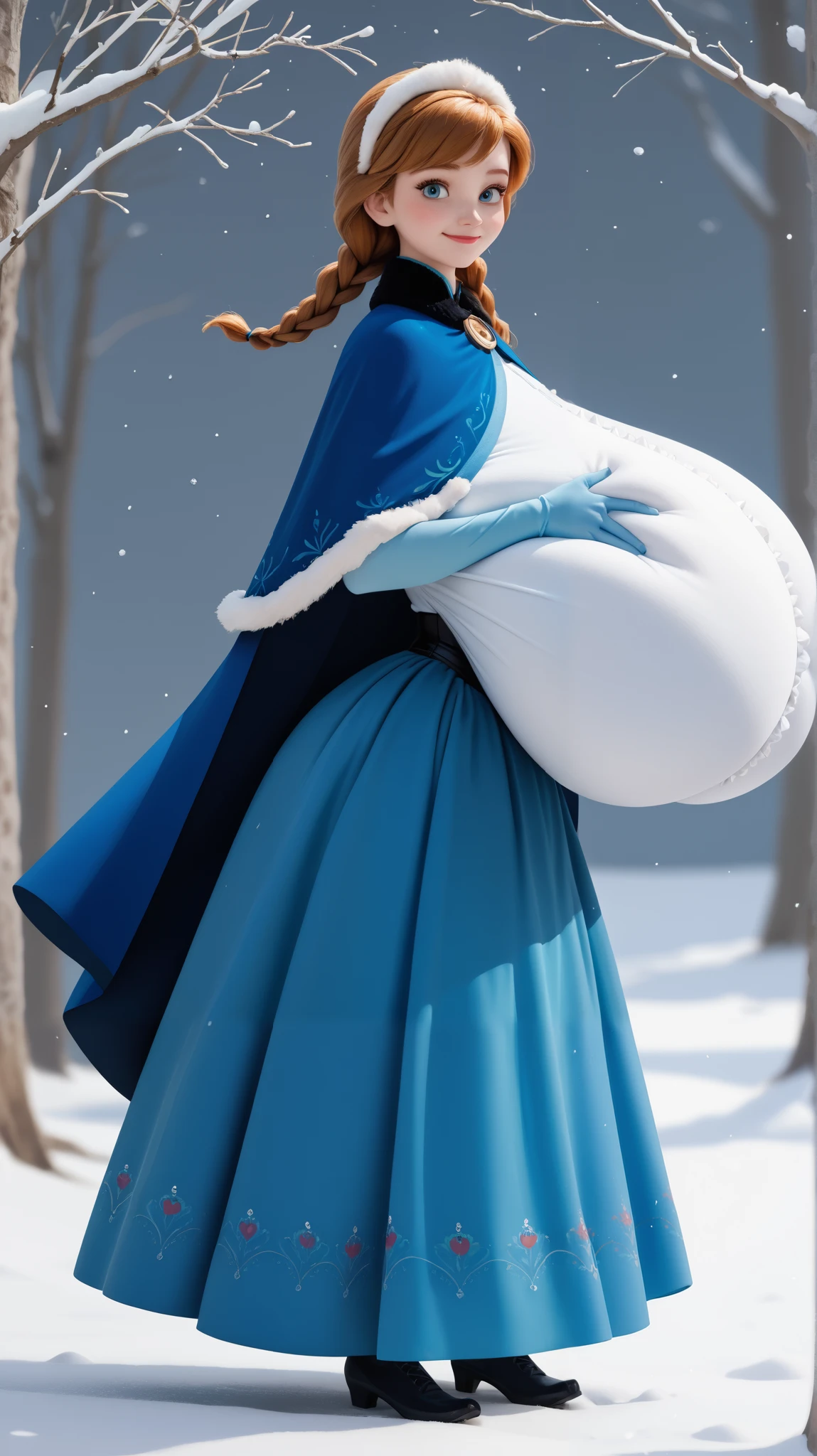 Disney Princess Anna with gigantic breasts, ((((((gigantic breasts)))))), (breast squeeze), (from side), AnnaXLP, blue dress, long skirt, elbow gloves, cape, capelet, corset, twin braids, narrow waist, wide hips, thick thighs, looking at viewer, smile, full body, winter background, (((fully clothed)))