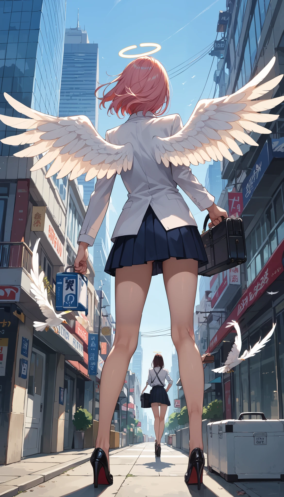 rape, momose momo 18 years old as a stunning female anime angel. She is dressed in a professional business suit and a modest skirt, holding a metal briefcase. In a mix of fantasy and urban life, the angel gracefully flies over the iconic New York City skyline. Her wings, a beautiful mixture of iridescent feathers, flutter gently behind her. The stage is bathed in a soft golden light that emphasizes the ethereal quality of the angel's presence, loud onomatopoeic speech, full-length rear view
