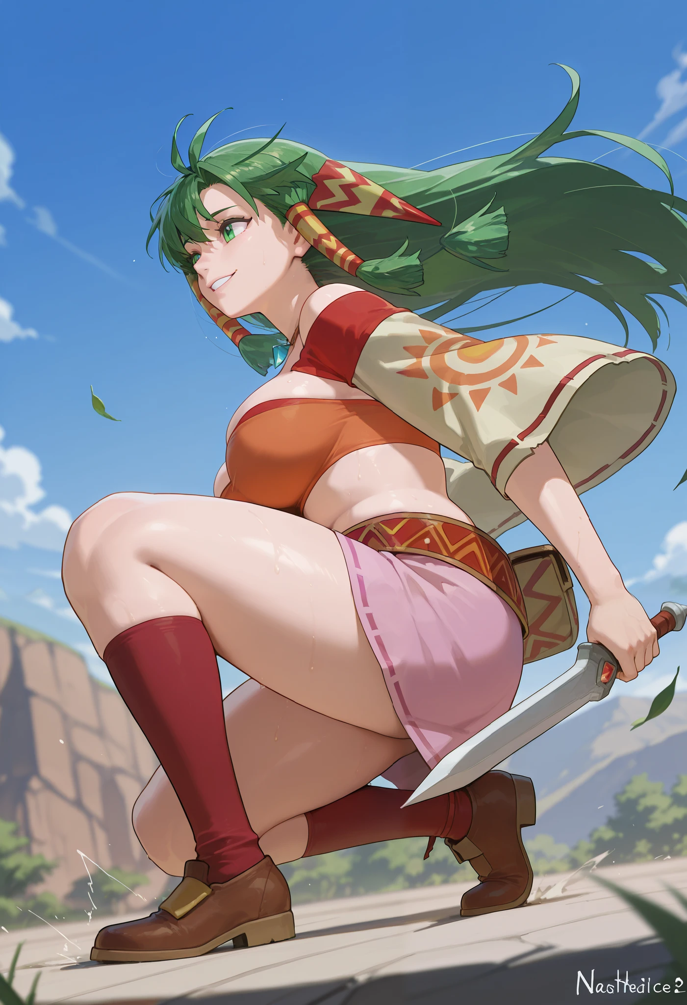 26 yo, face look alike to feena from \(Grandia\), Beautiful Mature young milf, (mature woman with lean perfection abdomen), sweet sweet expression, confident smile, large natural breasts, Curvy body, (outdoor-holding a jewel-addorned shortblade with 1hand - ready to fight a pack of wolves in fantasy classic Grandia settings), battle stance, solo, 1girl, BREAK, She wears an orange bra top that leaves her abdomen exposed, paired with a small short pink skirt held up by a thin red belt. Covering her arms is a tan-colored shawl adorned patterns on both sleeves. Her long green hair flows down her back, with some sections tied through two patterned hair accessories. She completes her ensemble with ripped red socks that extend past her knees and brown shoes featuring tribal patterns similar to those on her belt and shawl, official arts, dynamic jrpg view, fantastic fantasy vibrant background, fighting monsters, 