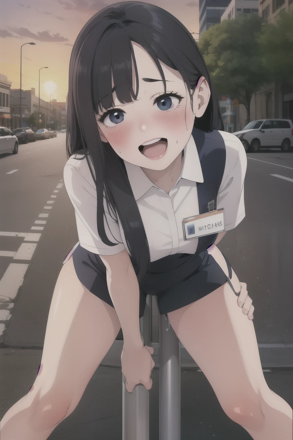 a woman, whole body, clerk uniform, ((round face, blush, shame smile)), name plate, id card, (stocking), straddling to hit her crotch on an exposed pipe that is standing on the ground, open legs, raise leg, open mouth, , masturbation, ecstasy face, On the streets of downtown area, sunset,