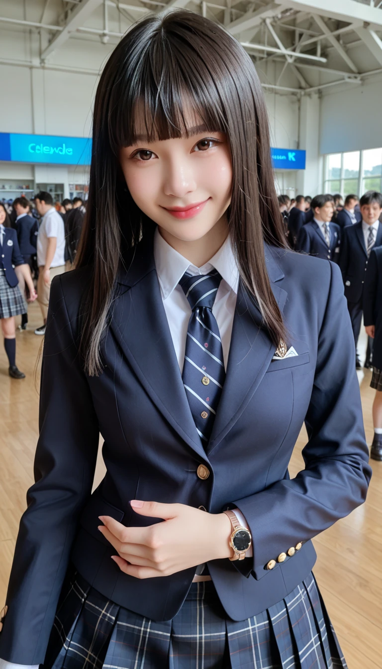 (highest quality,8K quality,masterpiece:1.3),(Ultra-high resolution,Realistic:1.4,RAW Photos),(Very detailed,Caustics,Detailed Background),(Ultra-Realistic Capture,Fine and beautiful skin,Perfect Anatomy),At dusk,Sunset sky,School building,Schoolyard,18-year-old,cute,single eyelid,Black short bob,School blazer uniform,Looking into the camera,Laughter,Bust up shot,Natural soft light、Big Breasts、Knee-high