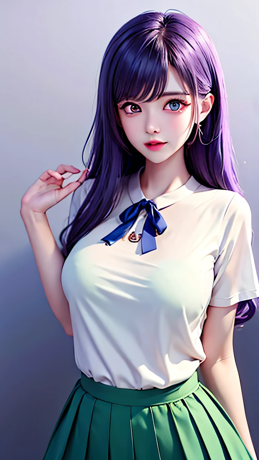 heterochromia、 odd-eye、Crimson left eye 、Right eye green、 purple long hair、 clear white skin 、 high school girl、 white blouse、The dark blue pleated skirt shows through the nipples、 purple hair、Heterogeneous eyes: crimson left eye, green right eye.、Getting wet in heavy rain 、Your whole body becomes full of water、 minimalist background
