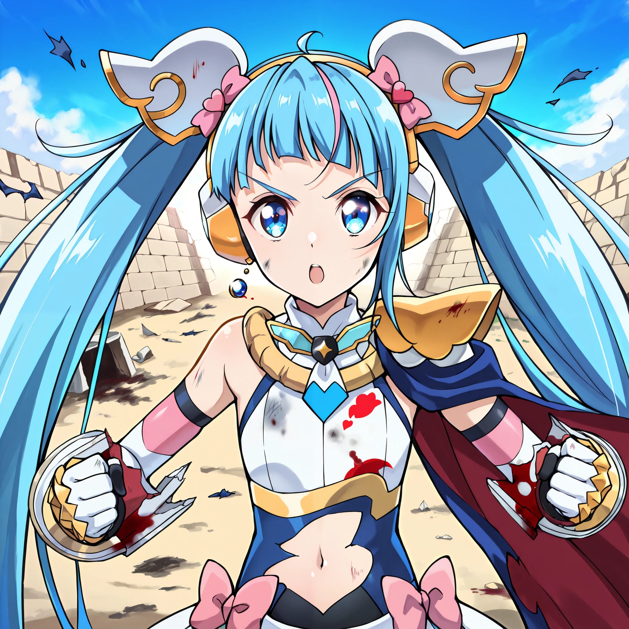 absurd, (absurd_resolution), masterpiece, best quality, (best illustration), (best shadow), ultra-High resolution, score_9, score_8_up, score_7_up, BREAK source_anime, 1girl, solo, perfect body, shiny skin, shiny skin, perfect eyes, detail1eye, well-defined fingers, well-defined fingernails, anime style, outdoor, (portrait:1.5), curesky, flat chest, hair ornament, earrings, brooch, cape, heart, pink bow, blue eyes, symbol in eye, multicolored hair, ((blue hair)), twintails, very long hair, pink hair, (scarf, headgear, navel, headphones, bodysuit, gauntlets), ((dirty clothes, ripped clothes, damaged clothes, injured, blood)), fighting stance, clenched hands, open mouth, serious face, cowboy shot, warfare, war, battle, homocide,