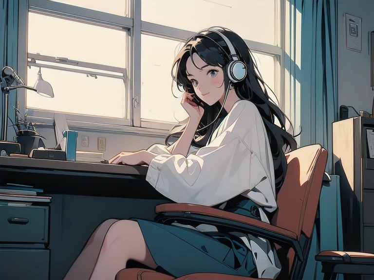A single woman with beautiful green eyes and intricate details, shiny black hair with straight bangs, visible from head to toe, centered in the middle of the screen, wearing headphones and listening to music, dressed casually, with a focused gaze indicating concentration, with a window, coffee, an old-fashioned news style, a Soviet poster, adolescent, in the style of the Soviet Union, round, the letters "LOFI", a logo, an icon.