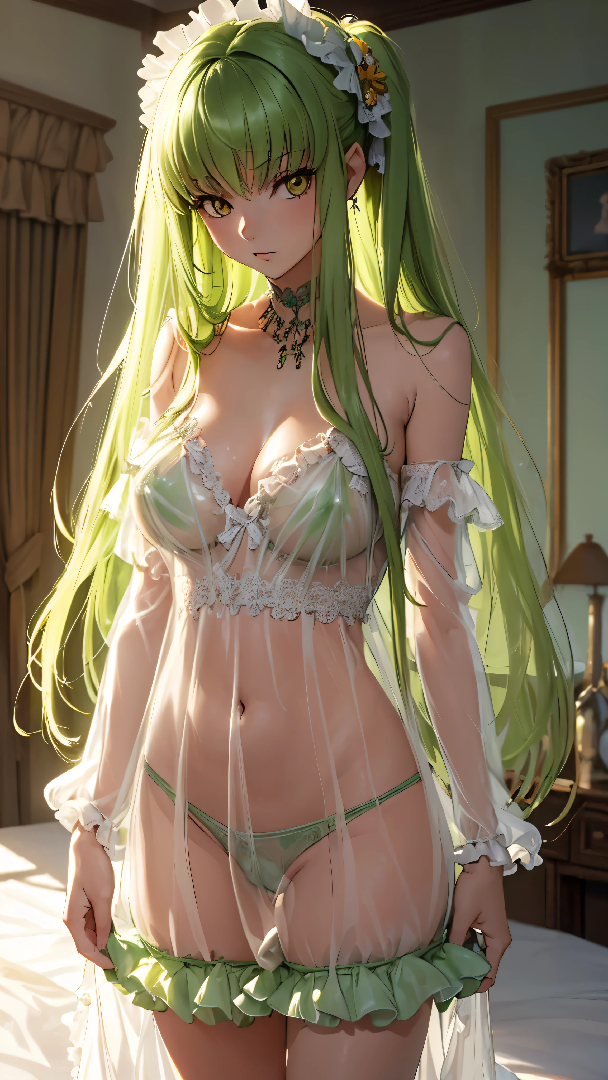 ((best quality)), ((masterpiece)), (detailed), perfect face, green hair, long hair, yellow eyes, naked, clear babydoll, ((see-through)), ((frilly babydoll)), ((see-through)), off shoulder ((see-through)), so her boobies can be seen and her nipples, can be seen her ass, First person view from front, bedroom background