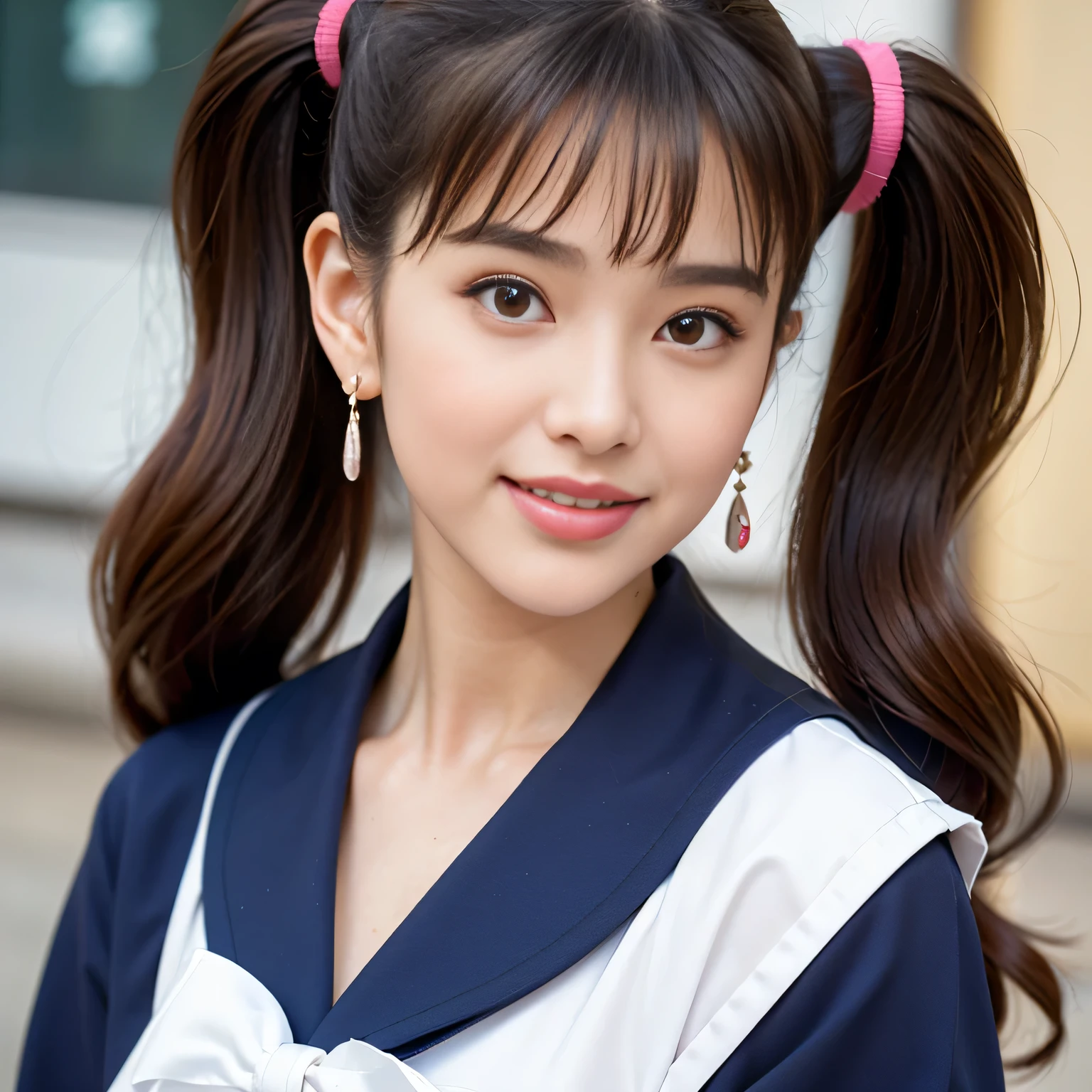 1 Girl, best quality , Masterpiece, high resolution, high detail, HIGH DEFINITION MODEL , retina, ((Bang bang :1.3)),(( Twins' hair grows below the waist and is abnormally long , twin tails that extend below her waist))( twin tails:1.2), tea hair, Big Breasts :1.5, earrings, Heavy makeup, happy/joy,Shooting in a shopping district
Touch , Taken with waist up ,( she's 18)( high school girl)(She has the face of a perfect 3rd year high school girl)(The perfect high school girl uniform is a sailor suit)ribbon, close-up, smile,