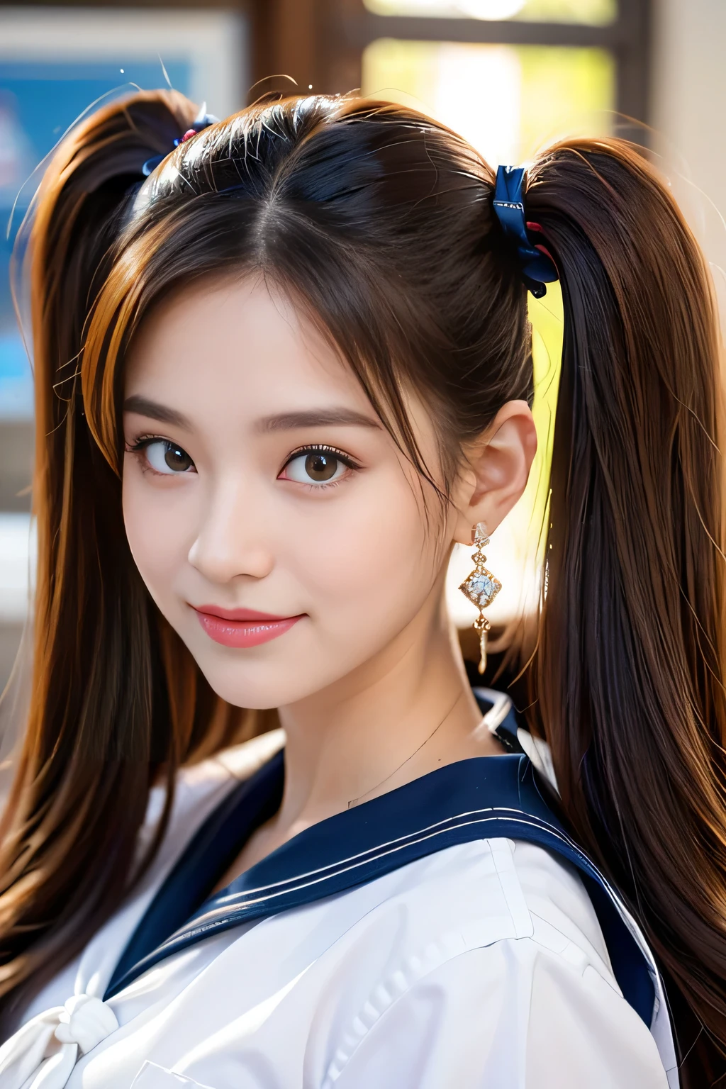 1 Girl, best quality , Masterpiece, high resolution, high detail, HIGH DEFINITION MODEL , retina, ((Bang bang :1.3)),(( Twins' hair grows below the waist and is abnormally long , twin tails that extend below her waist))( twin tails:1.2), tea hair, Big Breasts :1.5, earrings, Heavy makeup, happy/joy,Shooting in a shopping district
Touch , Taken with waist up ,( she's 18)( high school girl)(She has the face of a perfect 3rd high school girl)(The perfect high school girl uniform is a sailor suit)ribbon, close-up, smile,
