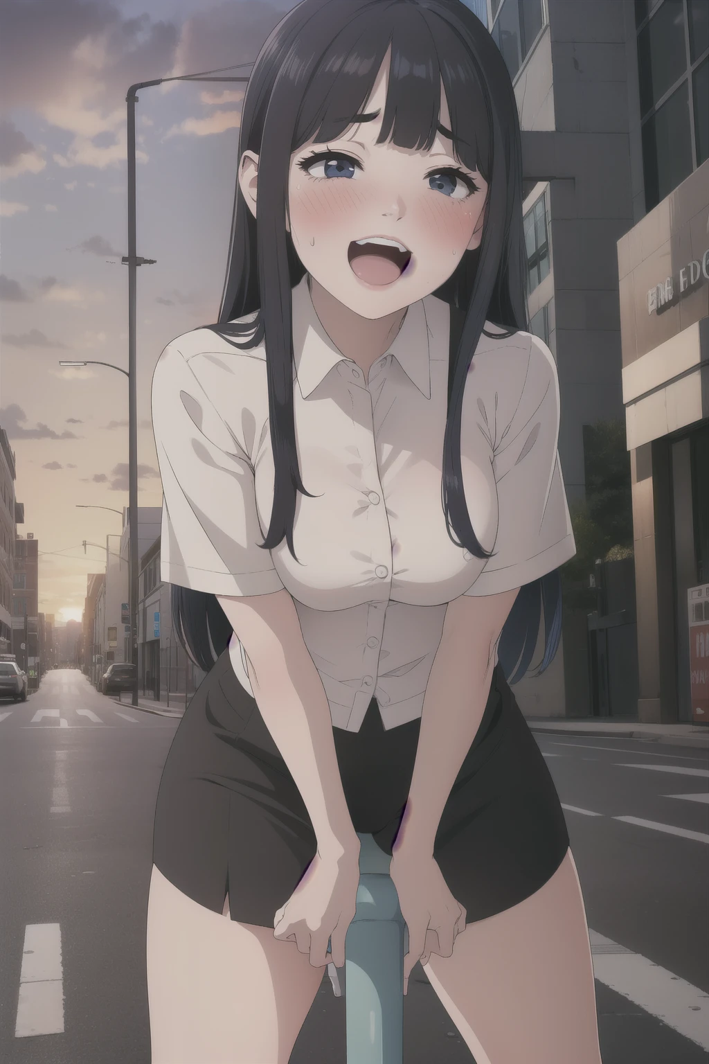 a woman, whole body, clerk uniform, ((round face, blush, shame smile)), name plate, id card, (stocking), straddling to hit her crotch on an exposed pipe that is standing on the ground, open legs, raise leg, open mouth, , masturbation, ecstasy face, On the streets of downtown area, sunset,