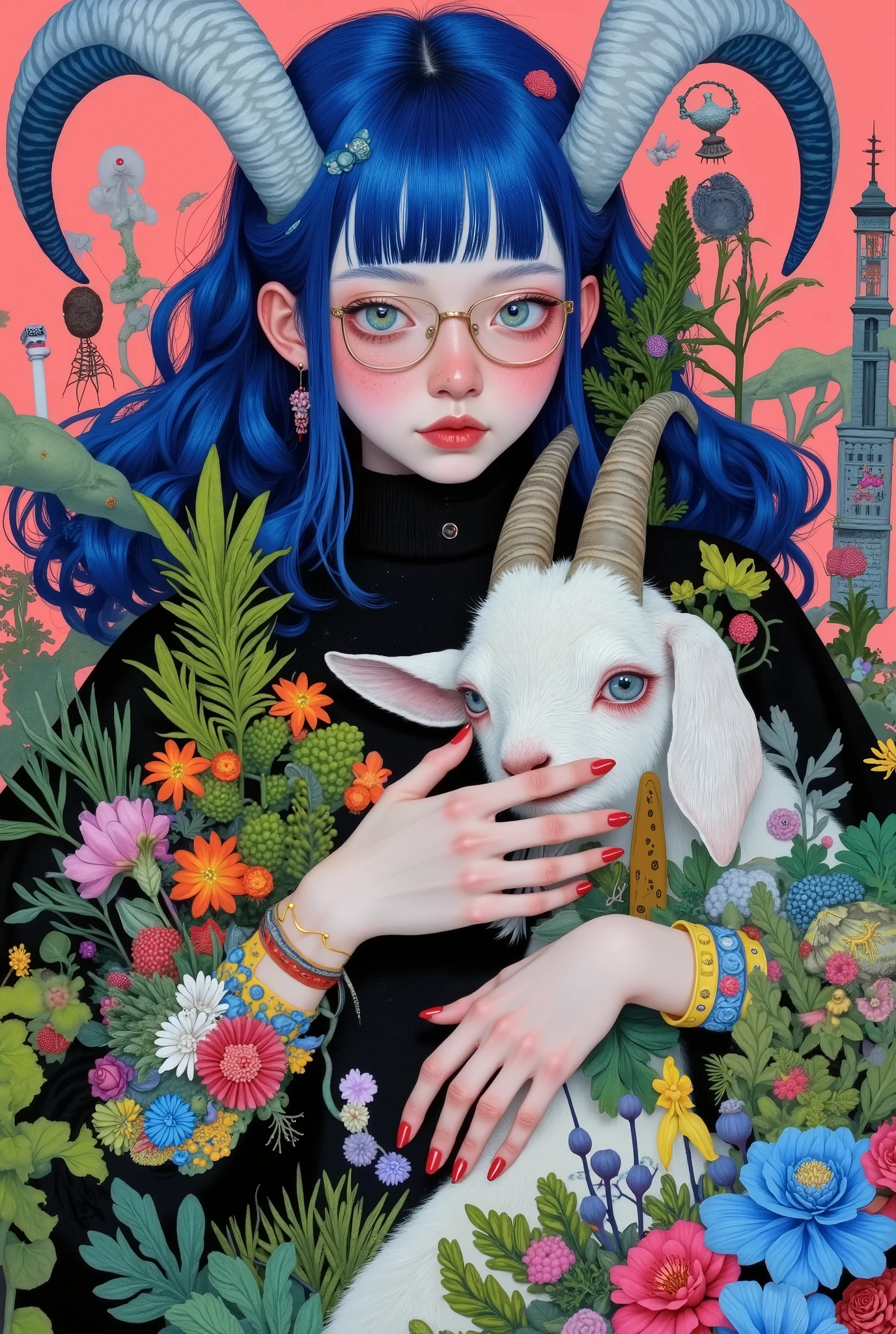 a painting of a woman with blue hair and glasses holding a goat, an ultrafine detailed painting by Wylie Beckert, Artstation, pop surrealism, jen bartel, beeple and jeremiah ketner, painting by android jones, jane newland, loish |, colorful illustration, girl design lush horns, james jean andrei riabovitchev