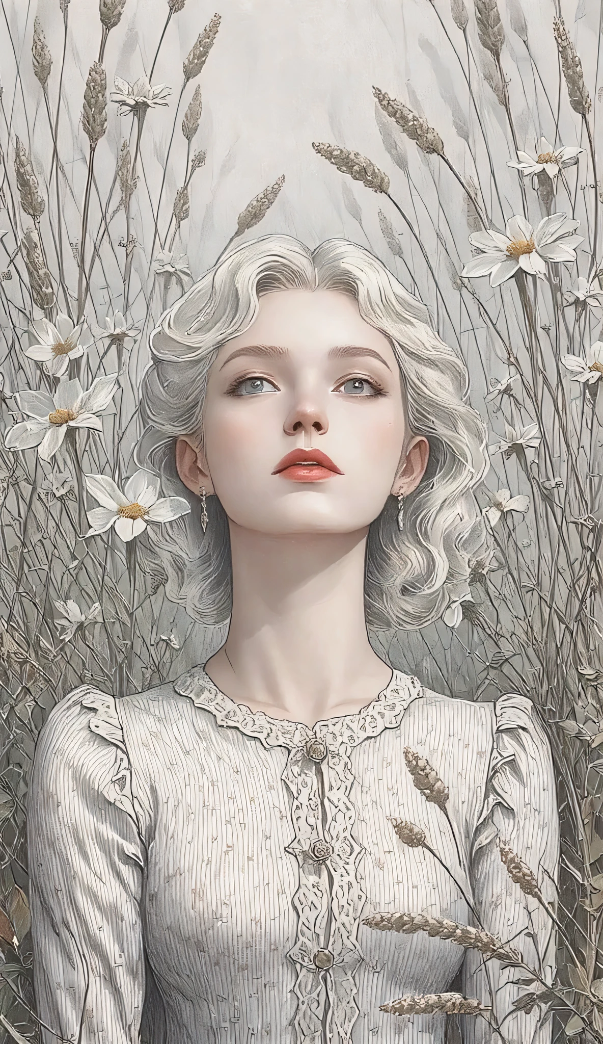 master piece:1.5、(minimal art, line drawing), woman、Black and white art:1.2、lips are red、Black and white world、silence、An ennui look、Densely drawn