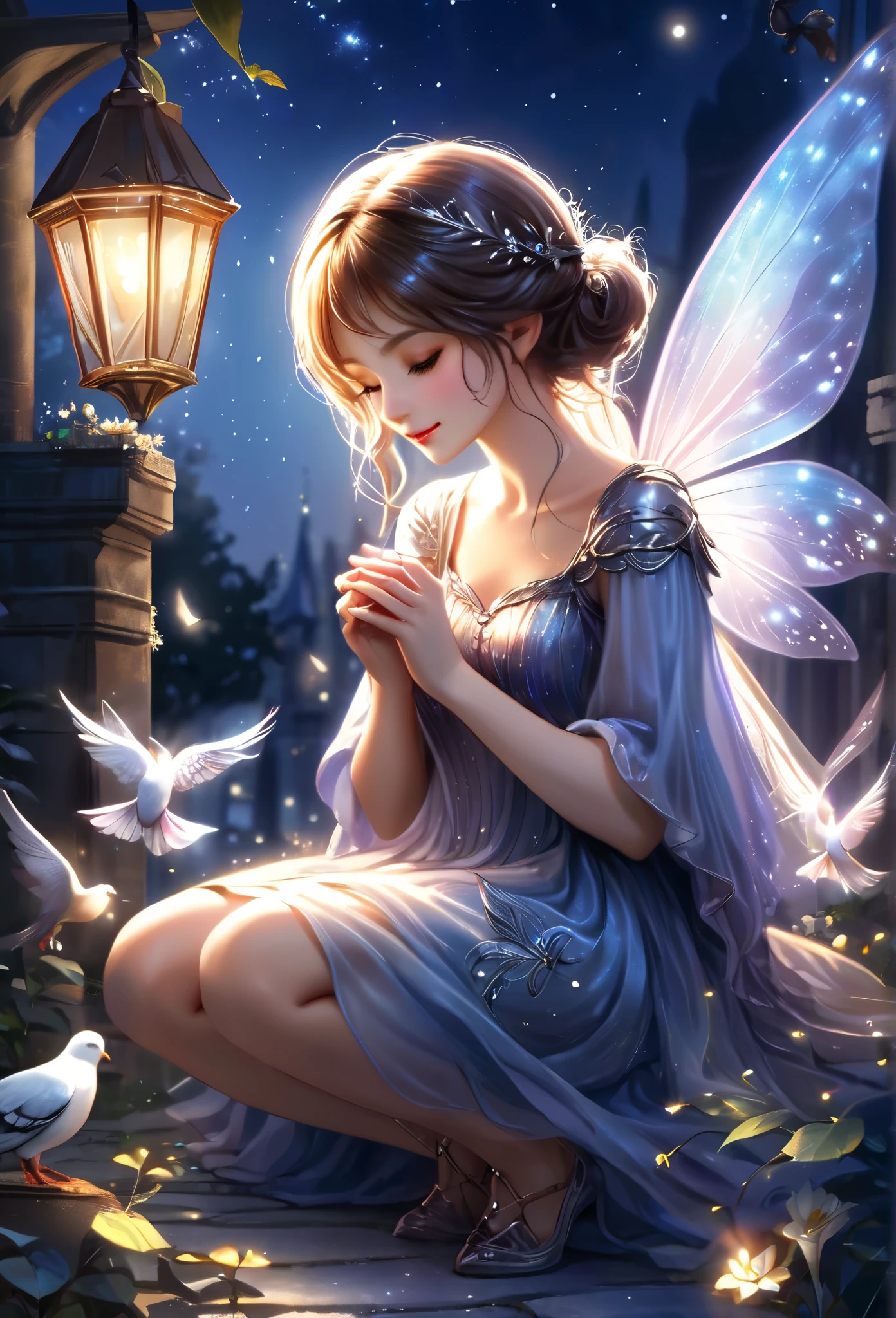 Fairy, delicate Fairy wings,Kneel,Bright night , catching pigeons , Magic Background( Refined Details),( Artwork),( High Quality )