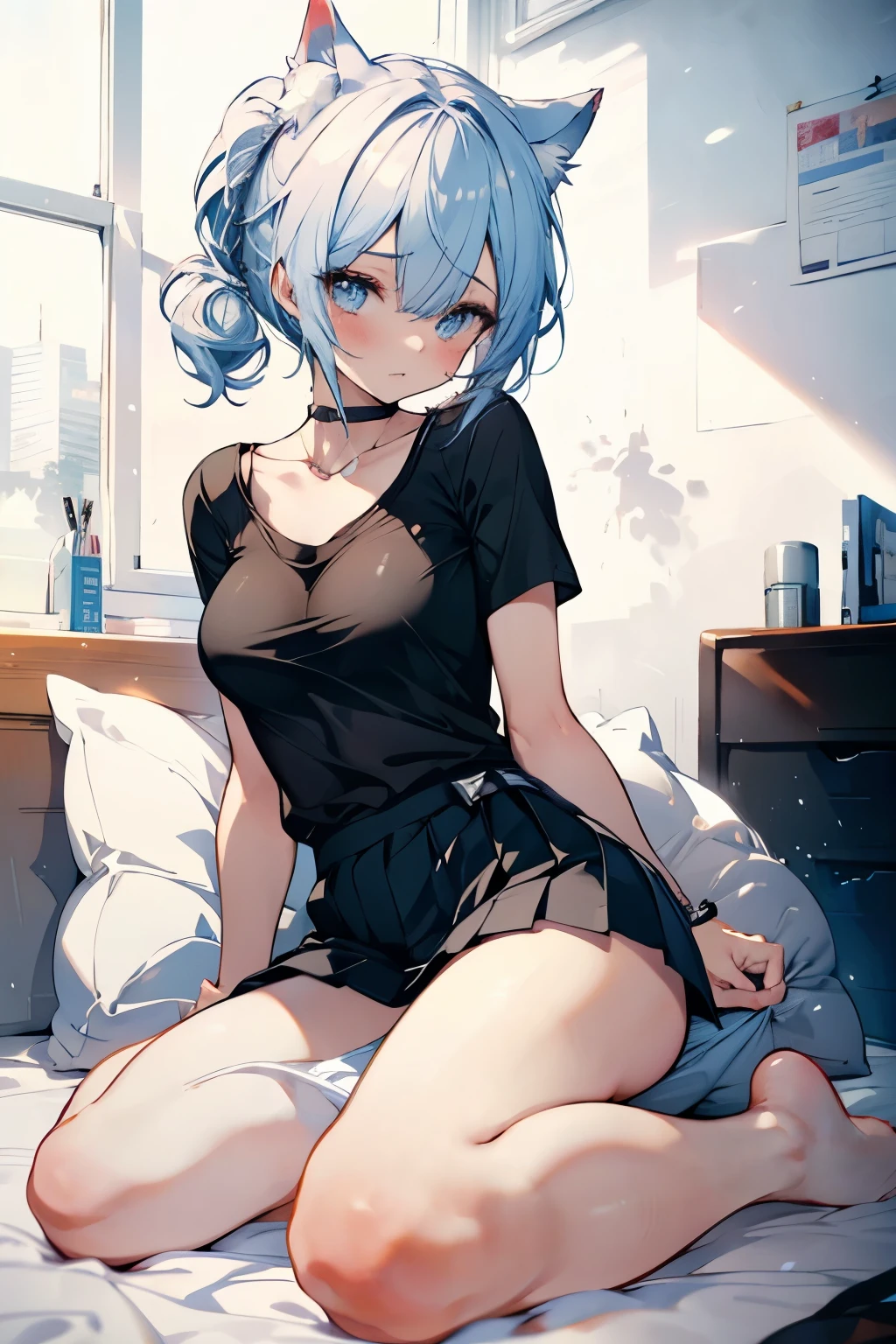 1 girl, slits in front, Down Blouse , loose t-shirt ,Cat ears, White Ponytail, half eyes, Medium breast, with pillow bind thigh, Open legs,
Pleated skirt,