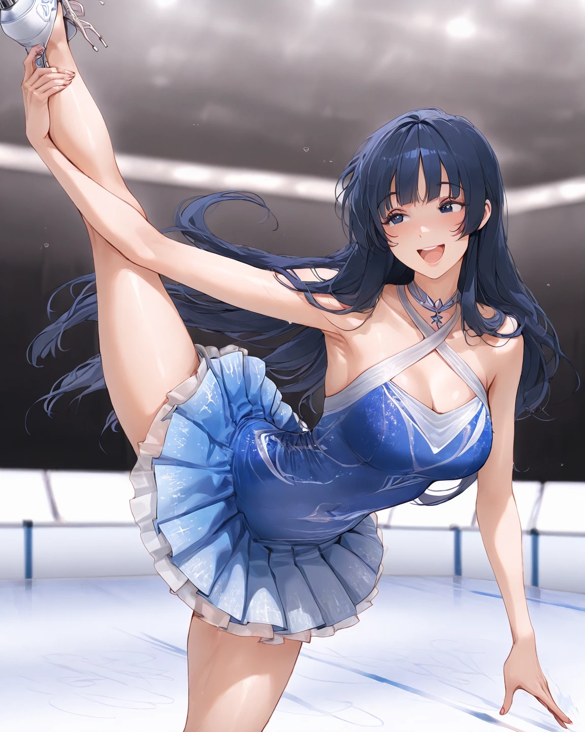 ( Figure skating : 1.2 ) , spinning, 
(Covered nipples : 1.6 ) , 
( In the skate rink  :1.2), ( high-neck dress : 1.3) ,
( blush , embarrassed, orgasm, smile : 1.2)  , (  squirting : 1.3) , ( see through :1.2) , shoulder,
( masterpiece:1.1), from below, ( from behind) , 
saten ruiko, black hair, blue eyes, long hair, hair ornament, flower ornament,