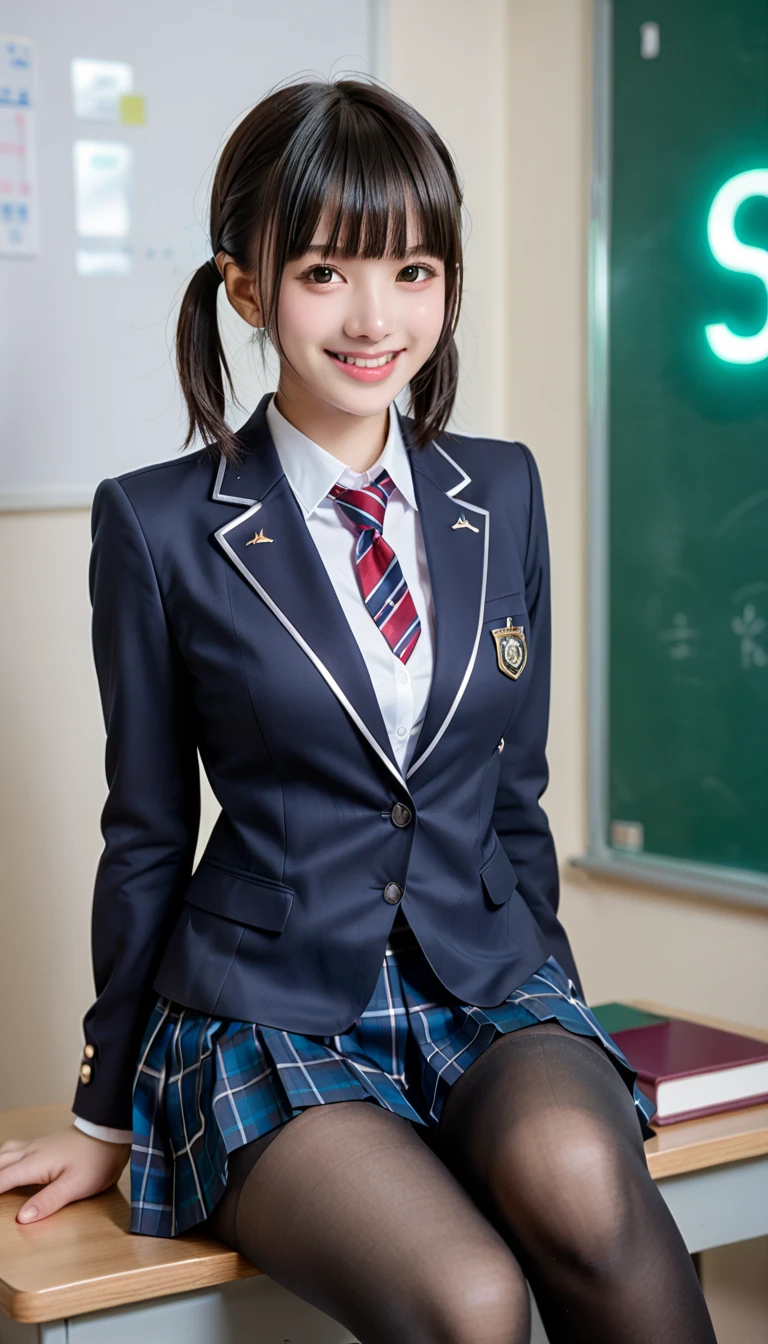 8K, highest quality, real image, intricate details, Super detailed, ultra high resolution, depth field,(realistic,realistic:1.2), (black eye), From the middle, 1 Japanese female, very beautiful 17 year old girl, Big eyes, beautiful breasts:1.5、highly detailed eyes:1.2), (beautiful breasts:1.1), (small breasts:1.5), wavy hair、curly hair、bangs, perfect skin, Fair skin, huge hips, thick thighs, thick legs, cleavage, tight waist, light blush, alone, looking at the viewer, (smile:1.4), ((School_uniform),(dark blue blazer), (white shirt、Wearing a tie), (gray pleated skirt), (sculpture installation :1.1)